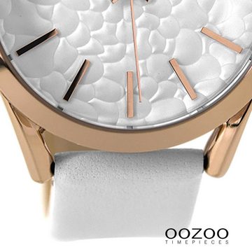 OOZOO Quarzuhr Oozoo Damen Armbanduhr weiß, (Analoguhr), Damenuhr rund, groß (ca. 43mm) Lederarmband, Fashion-Style