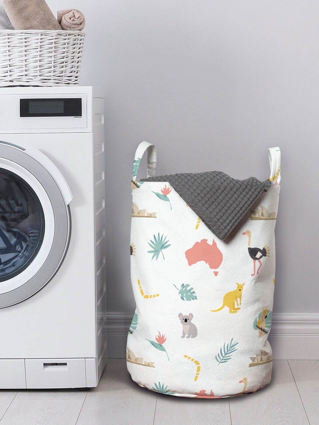Abakuhaus Wäschesäckchen Wäschekorb für mit Karte Waschsalons, Kordelzugverschluss Laub und australisch Griffen Tiere