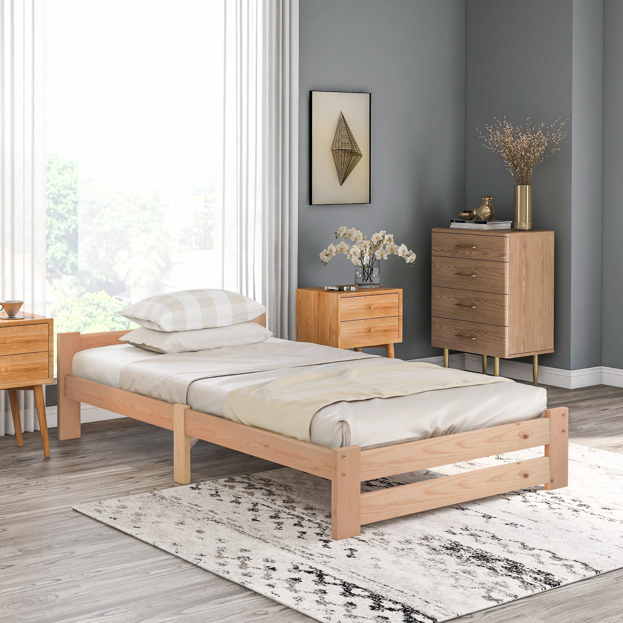 MODFU Bett Gästebett Massivholzbett (Holzbett, aus massivem Kiefernholz), Ohne Matratze