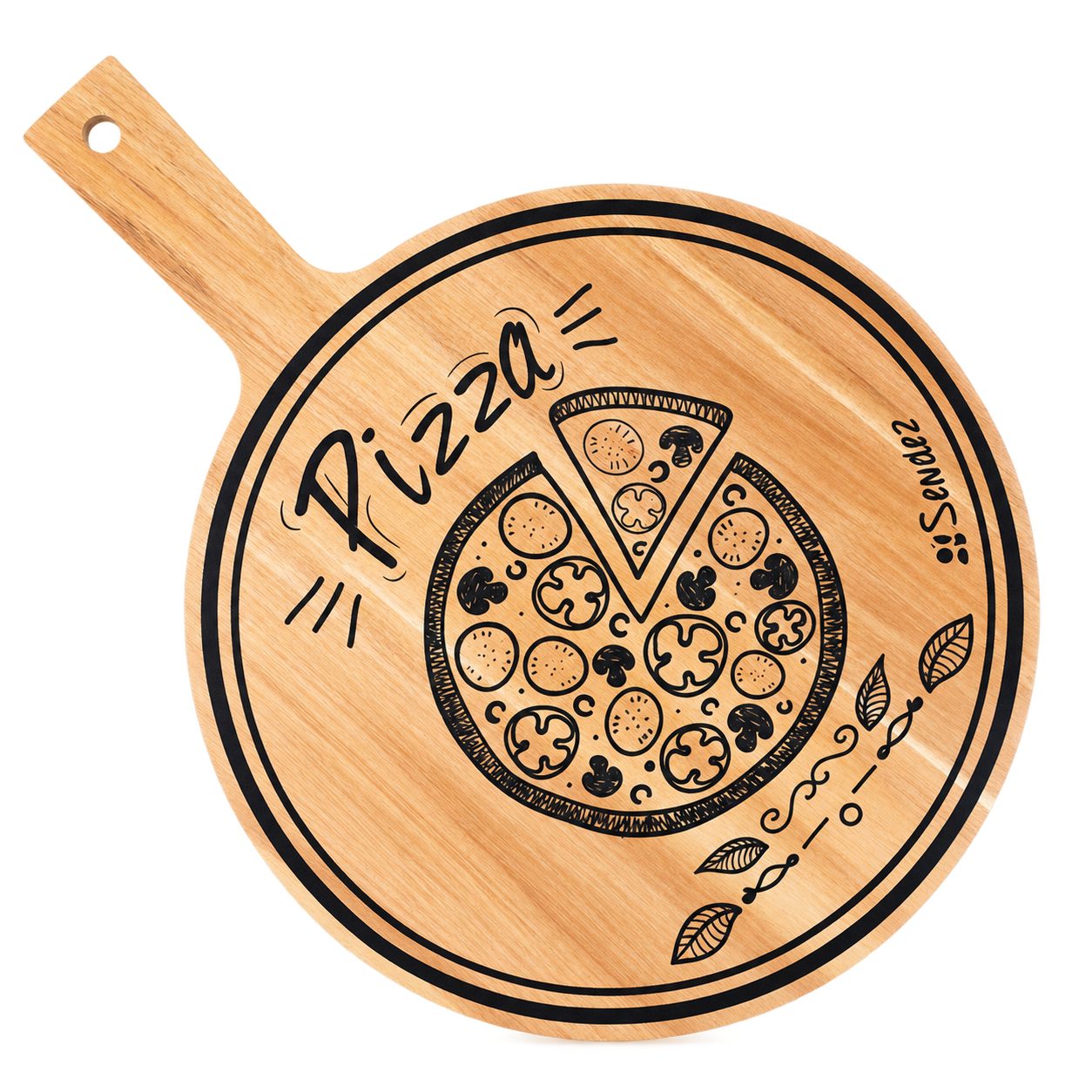 Sendez Pizzaschneidebrett Pizzabrett mit Griff und Aufdruck ø30cm Holzbrett Pizzateller