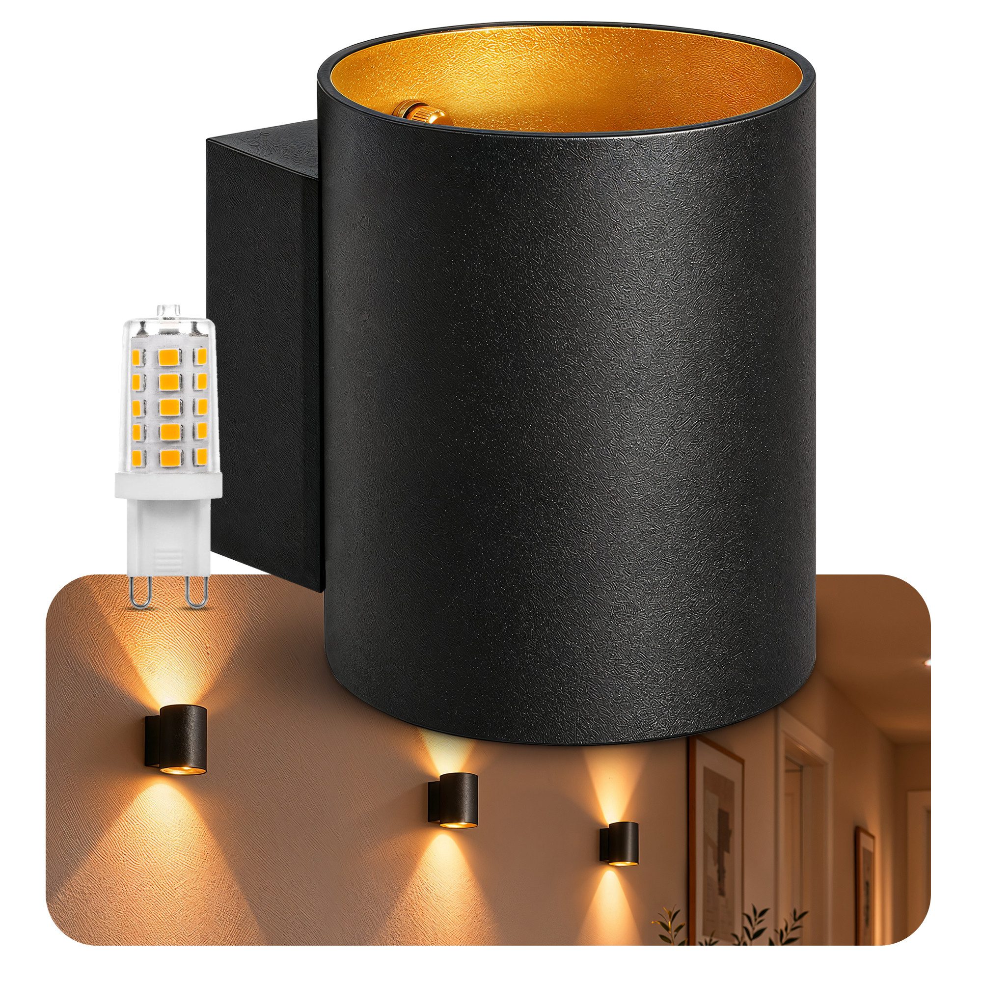 SSC-LUXon LED Wandleuchte TUANI Wandleuchte schwarz gold Up Down mit LED G9 warmweiß, Warmweiß