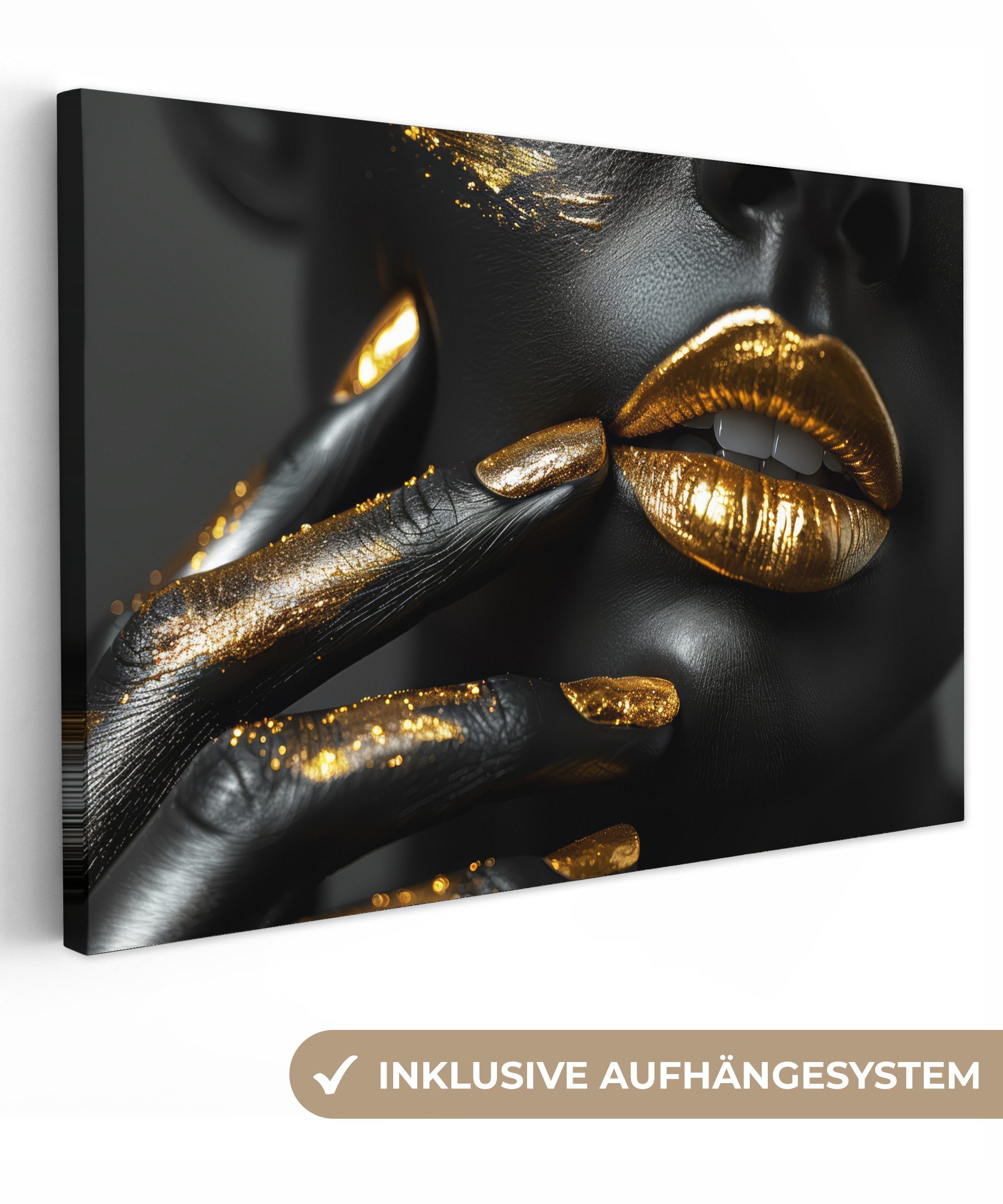 OneMillionCanvasses® Leinwandbild Lippen - Gold - günstig online kaufen