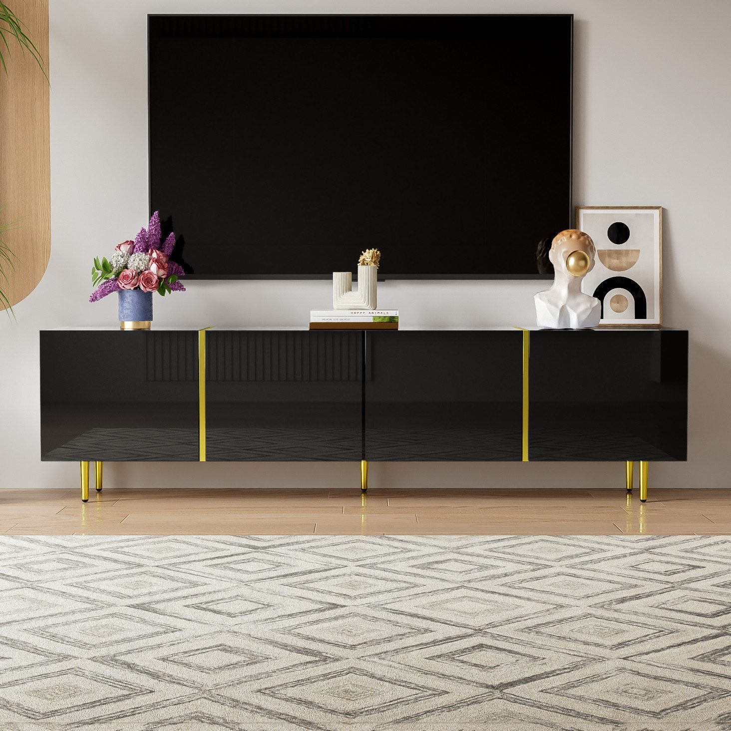IDEASY TV-Schrank Hochglanz 4 Türen schwarz gold modern, Hochglanz-Oberfläche Soft-Close-Scharniere, 170x35x46 cm, MDF, einfache Montagese