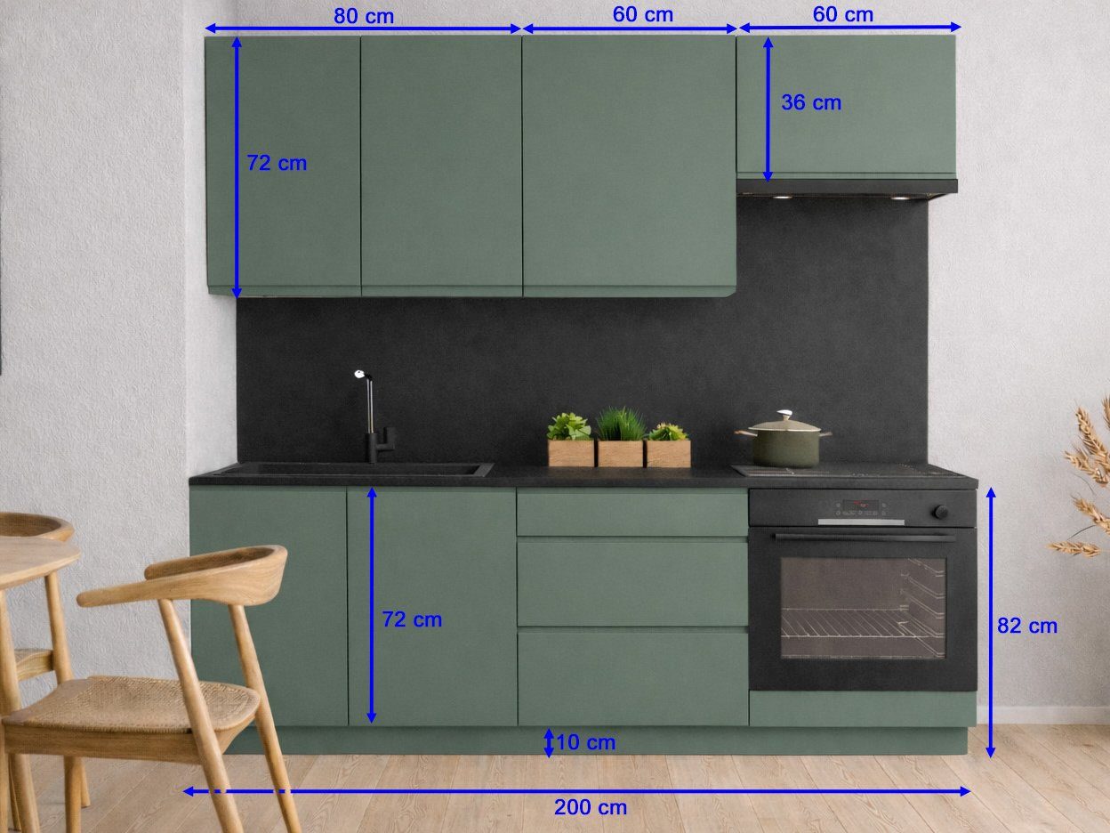 Möbel für Dich Küchenzeile Moderne Grifflose Einbauküche VELO 200 cm, 6-teilig, mit SoftClose, Fronten aus 19 mm Acrylplatte, Korpusstärke 18 mm