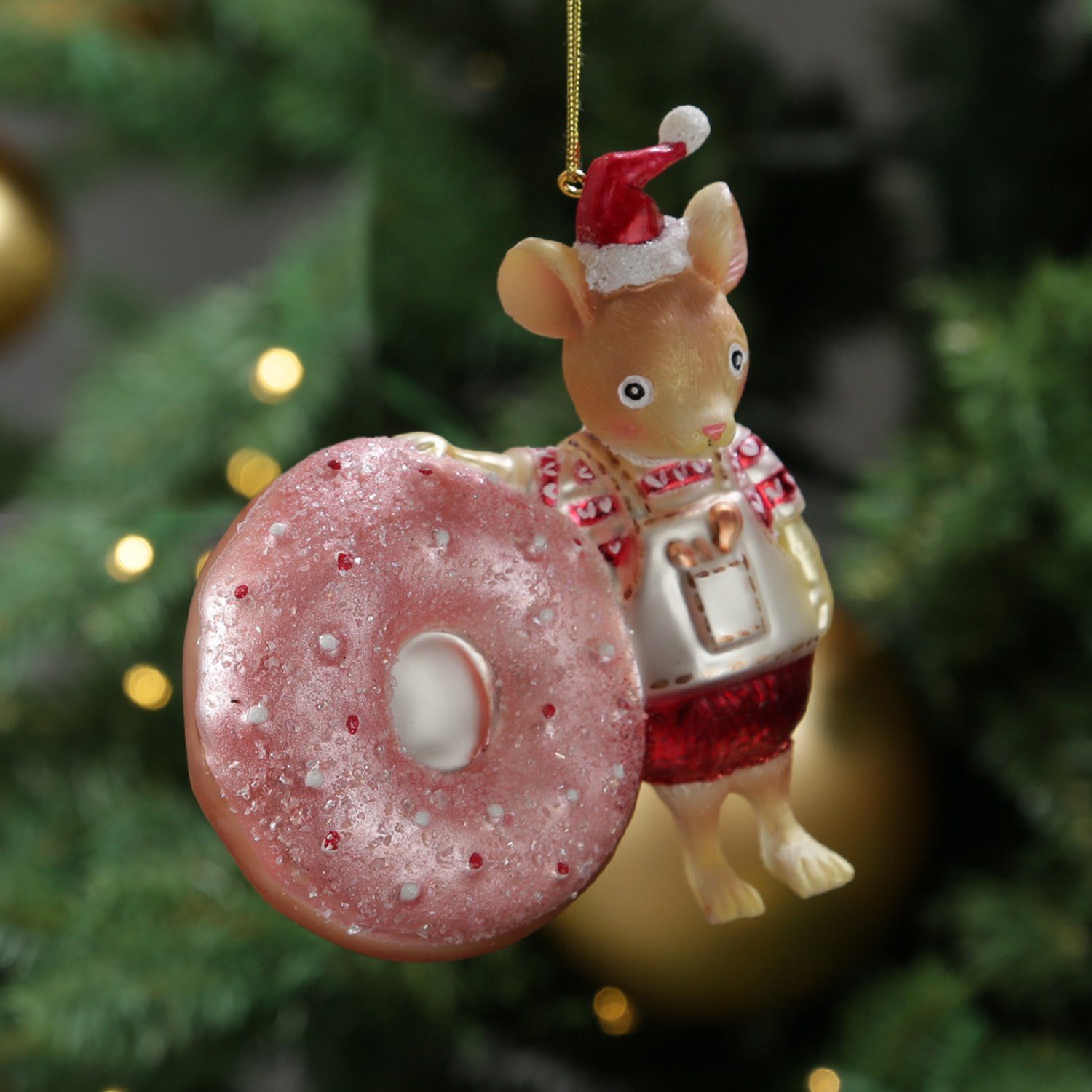MARELIDA Christbaumschmuck Weihnachtsbaumschmuck Maus mit Glas Weihnachtsbäckerei Donut 11,5cm H