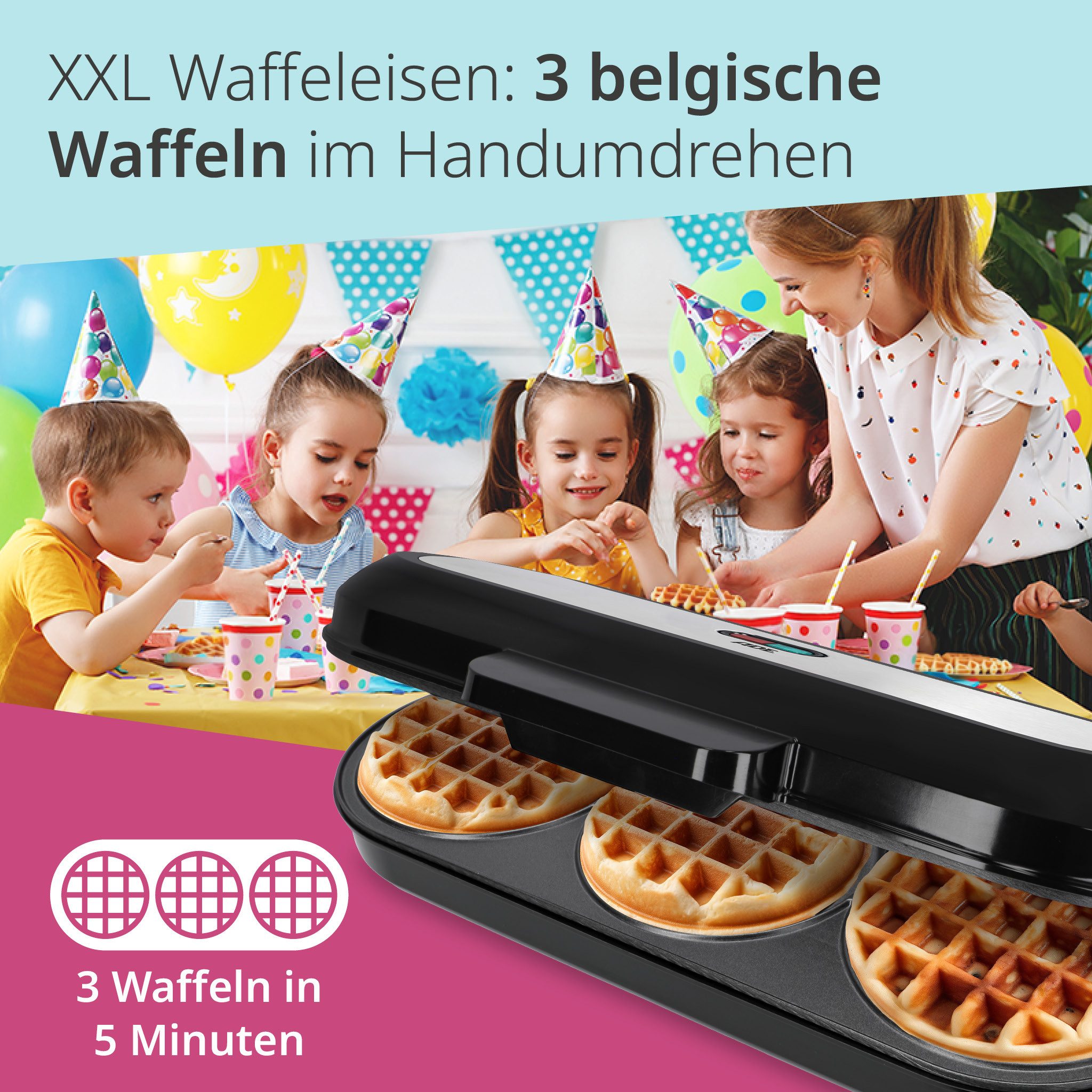 ADE Waffeleisen XXL mit 3 Platten für kleine belgische Waffeln, 1200,00 W, hochwertige Antihaftbeschichtung, Cool-Touch-Griff