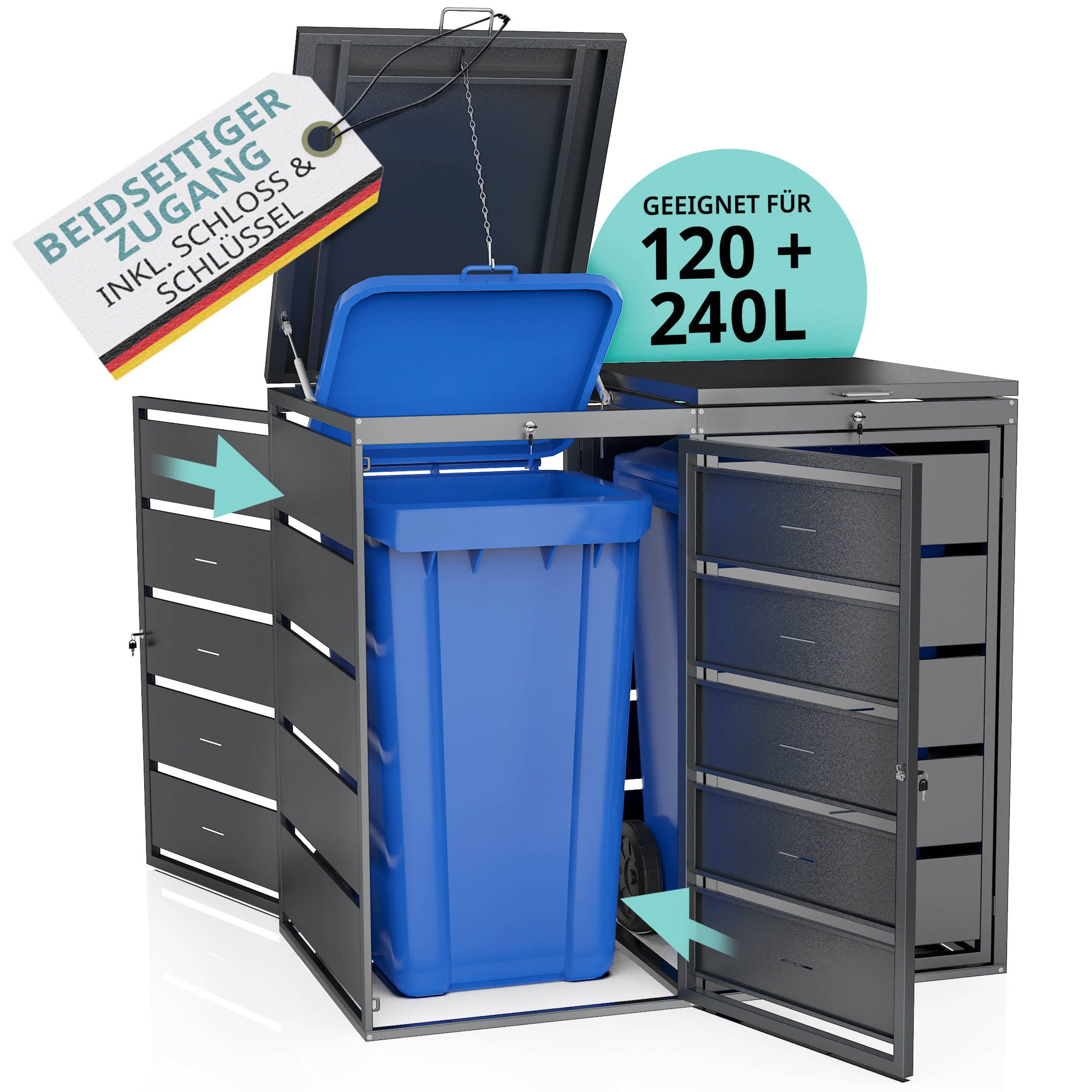 LAWA Living and Lifestyle Mülltonnenbox Metall verzinkt 2x240l oder 2x120l Müllbox Deckel abschließbar 4 Türen, Schlösser, Leise, Gasdruckfedern, Anthrazit, RAL 7016