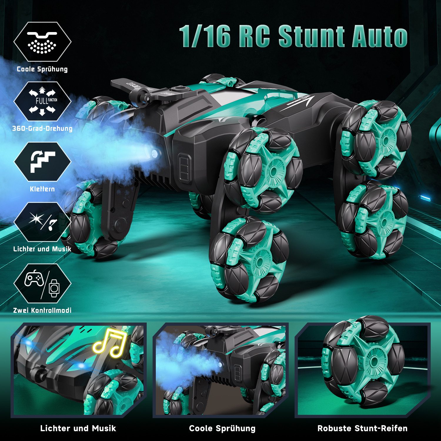 Esun RC-Auto Ferngesteuertes Auto ab 4 6 8 10 Jahre, 1:16 Auto Ferngesteuert (Set, Komplettset), RC Stunt Car, Sprühnebel-LED-Musik, ab 4 6 8 Jahre