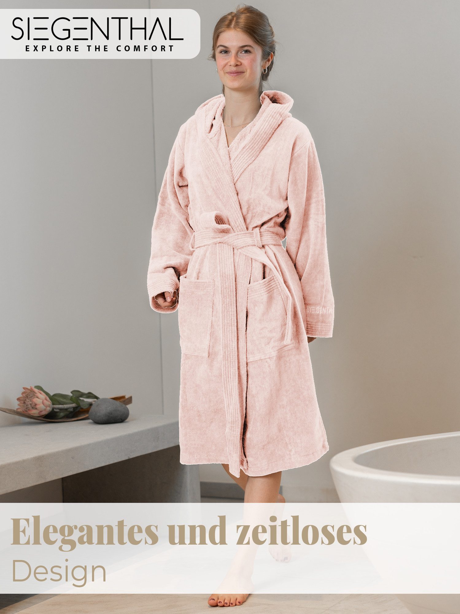 SIEGENTHAL Damenbademantel SIEGENTHAL® Damen Bademantel Frottee Velour Kapuze Flauschig Knielang, Kapuze, Gürtel, saugfähigem Frottee,Pflegeleicht und langlebig,praktische Taschen