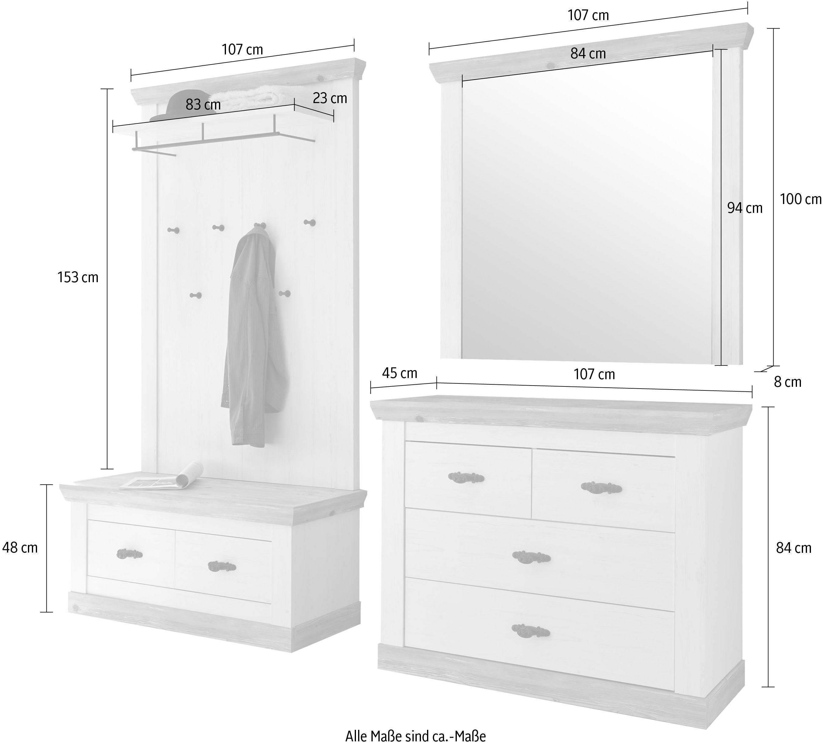 Home affaire Garderoben-Set Florenz, (4-St), bestehend aus 1 Bank, 1 Paneel, 1 Spiegel und 1 Kommode