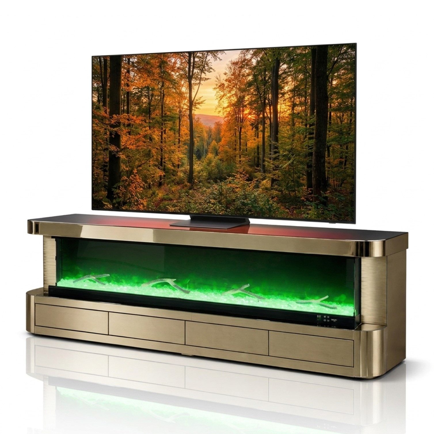 HOOZ TV-Schrank TV Lowboard mit Kamin – modernes Design Gold halbrund 200cm (Einzelprodukt, 1-St., TV Möbel Einzelmöbel) 3D-Flammenoptik, Push-Open Schubladen, hochglänzende Glasoberfläche