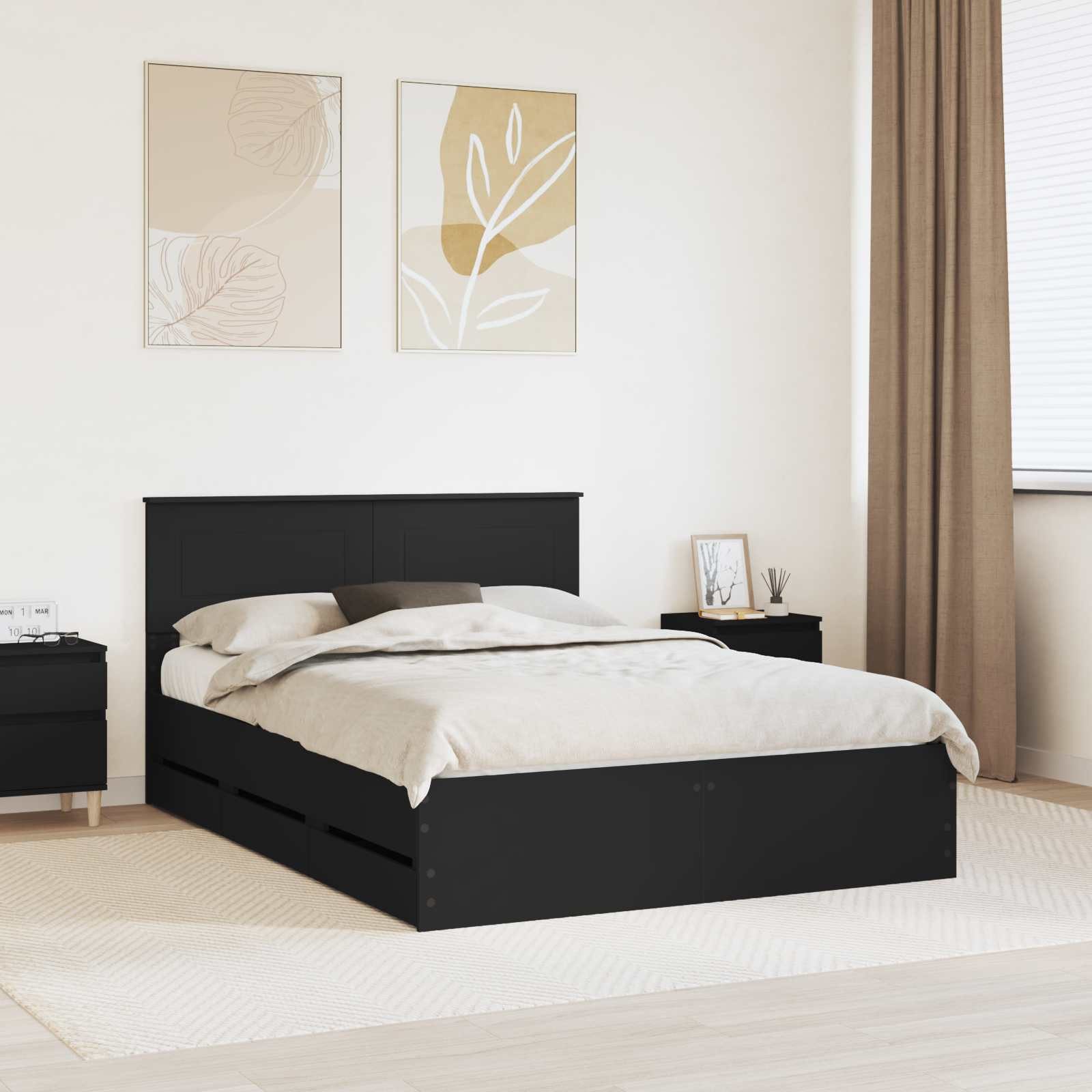 vidaXL Bettgestell Bettrahmen mit Schubladen Schwarz 140 x 200 cm Ingenieurs Holz (1-tlg)