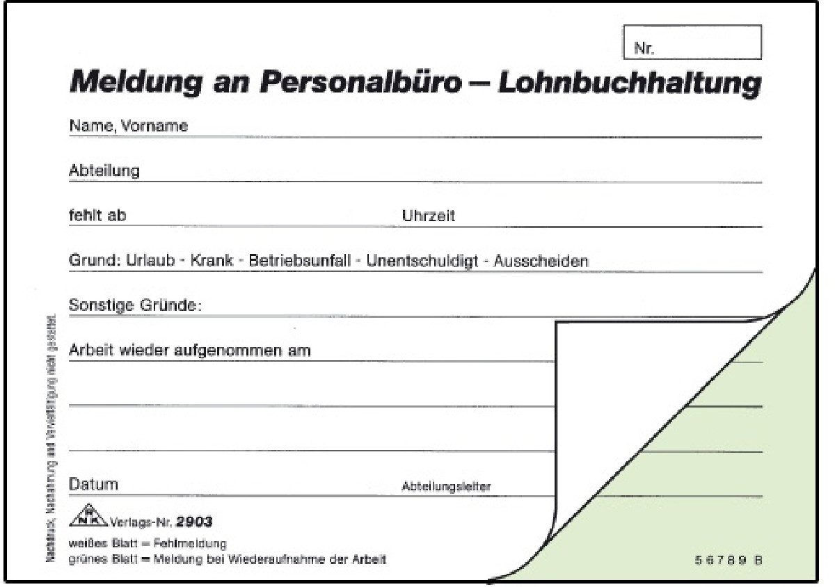 Formularblock Fehlmeldung an Lohnbüro A6 quer selbstdurchschreibend 2x40 Blatt.