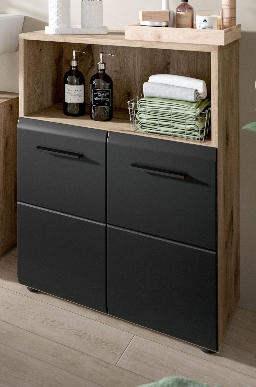 Inn.Furn Badkommode Cover (Badschrank in Schwarz und Eiche, 2-türig, 60 x 80 cm), mit viel Stauraum