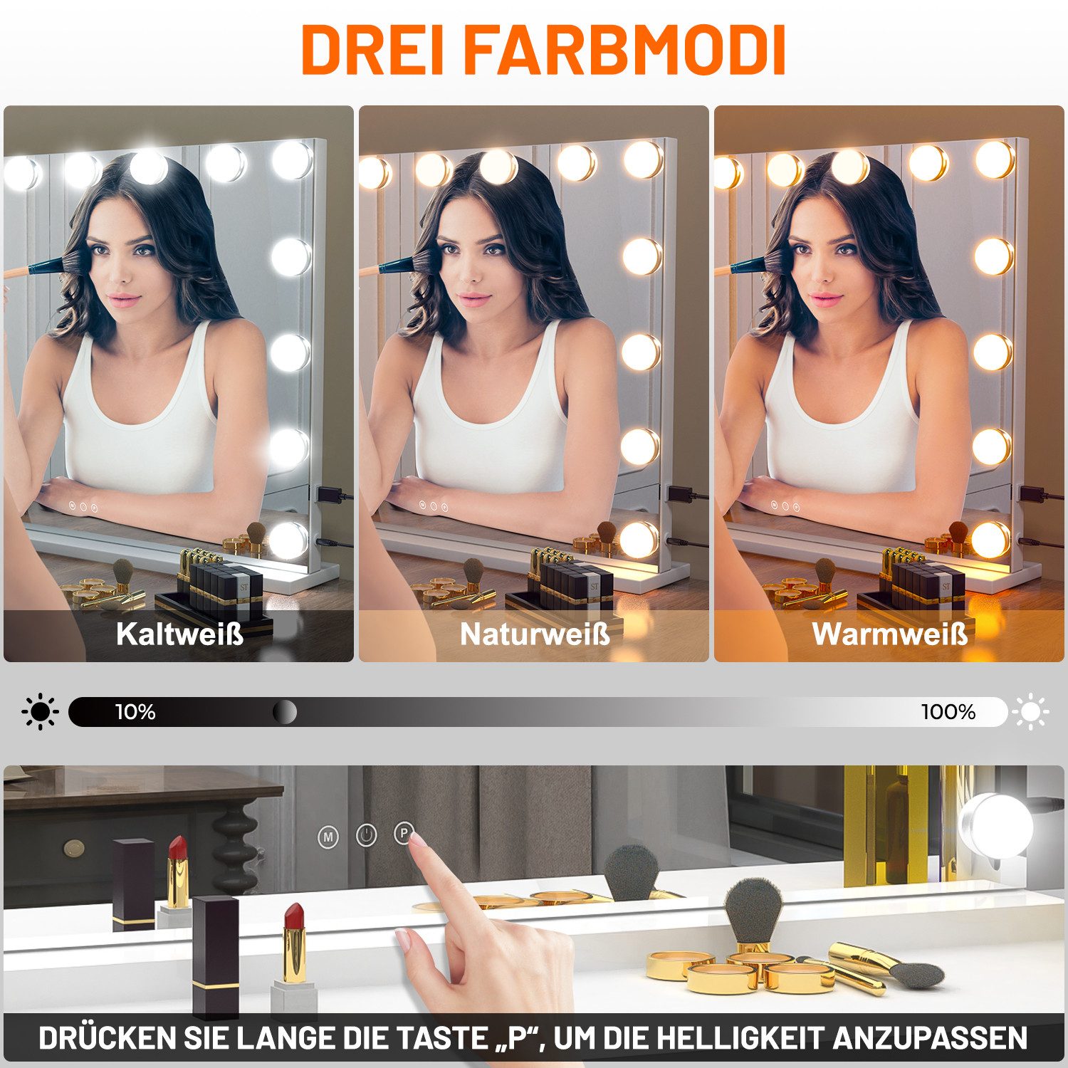 oyajia Schminkspiegel Bluetooth Hollywood Spiegel, Schminkspiegel mit Beleuchtung und USB (3-farbig einstellbares Licht mit Memory-Funktion, 1-St., Mit Musiklau – Bild 3 von 5