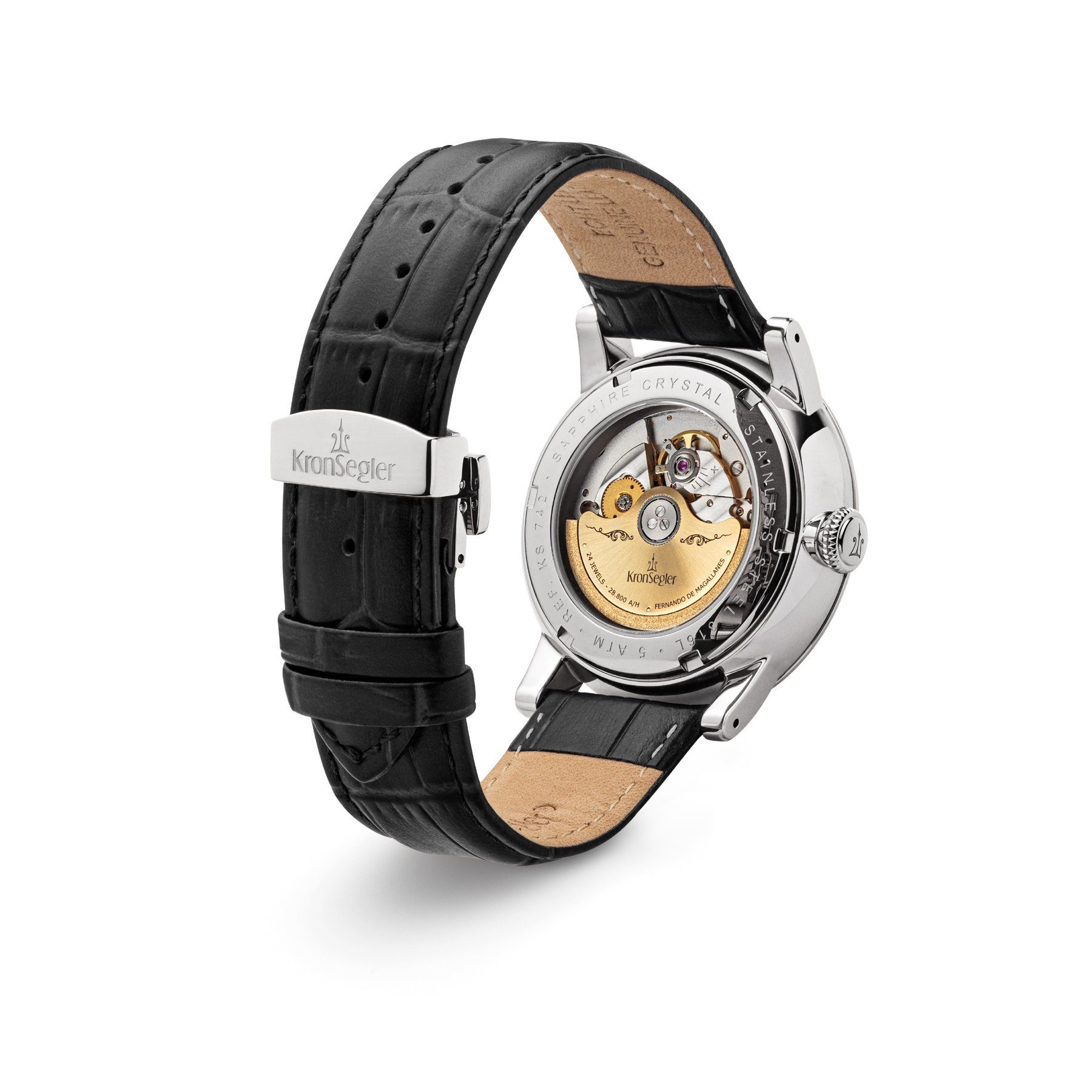 Kronsegler Automatikuhr "Fernando de Magallanes" Armbanduhr stahl-silberweiß/schwarz m. Worldtimer Lederband, mit Herren GMT