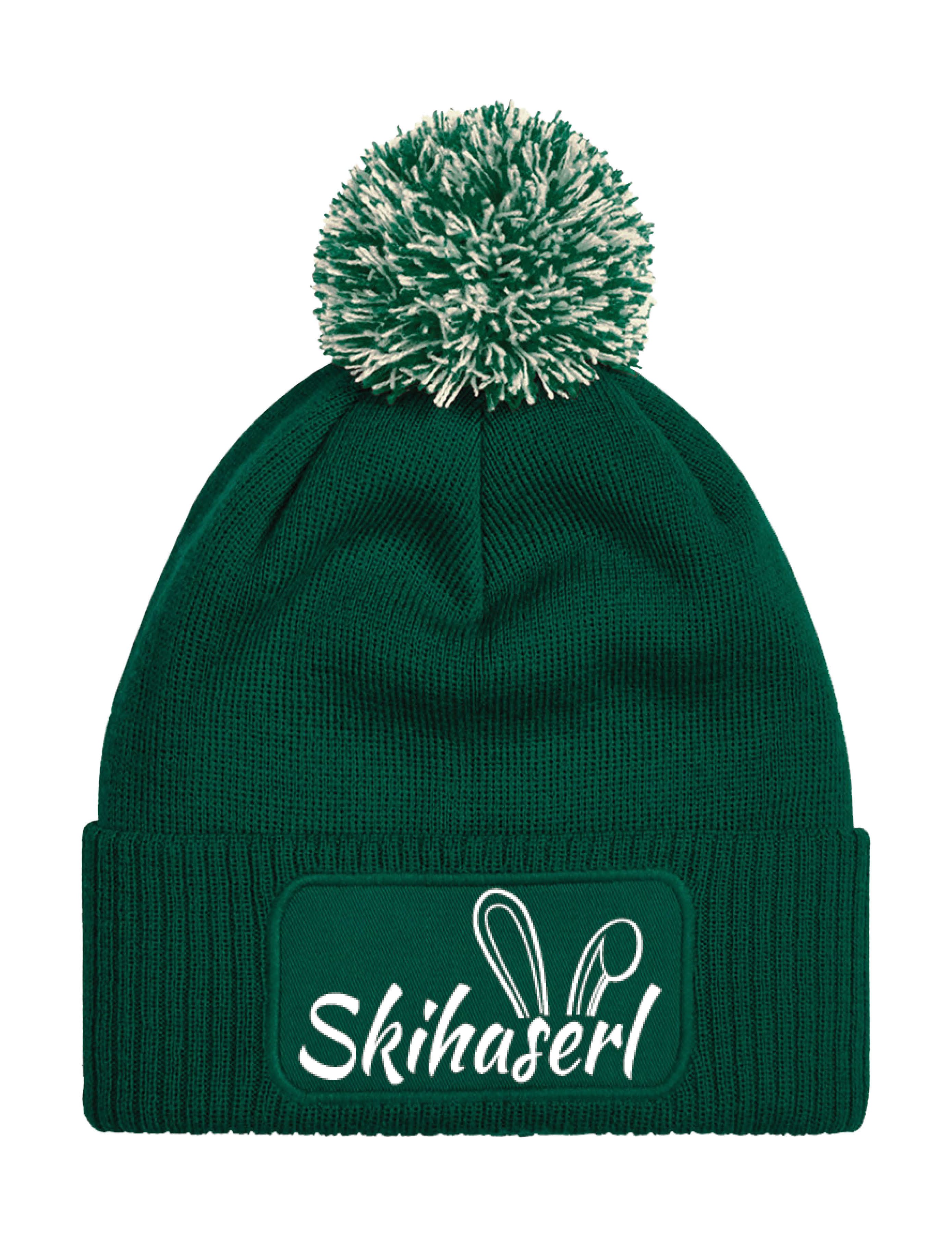 Beanie Damen Strick Bommel Beanie Mütze mit Skihaserl Aufdruck Geschenk