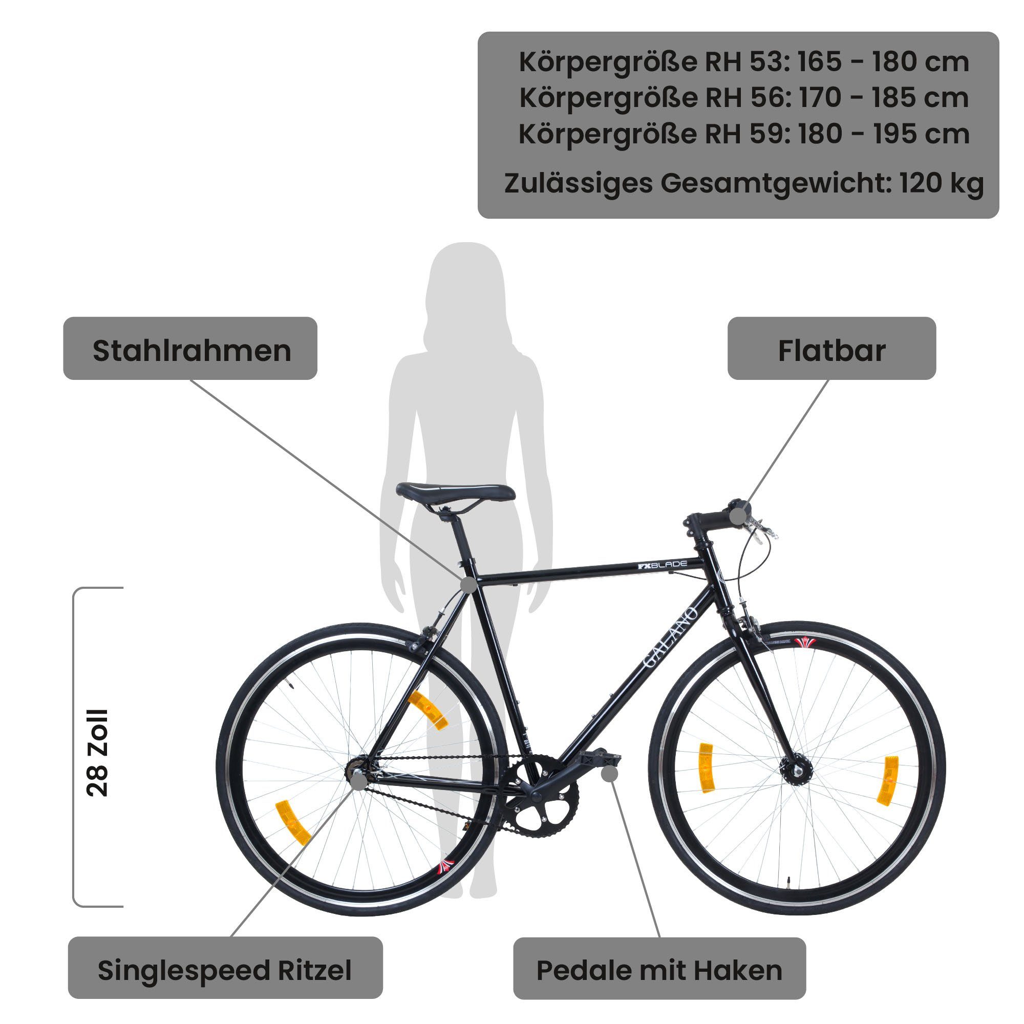 Galano Singlespeed Blade, 1 Gang, ohne Schaltung, Fixie Fahrrad Singlespeed Damen Herren 165 - 195 cm retro Urban Bike