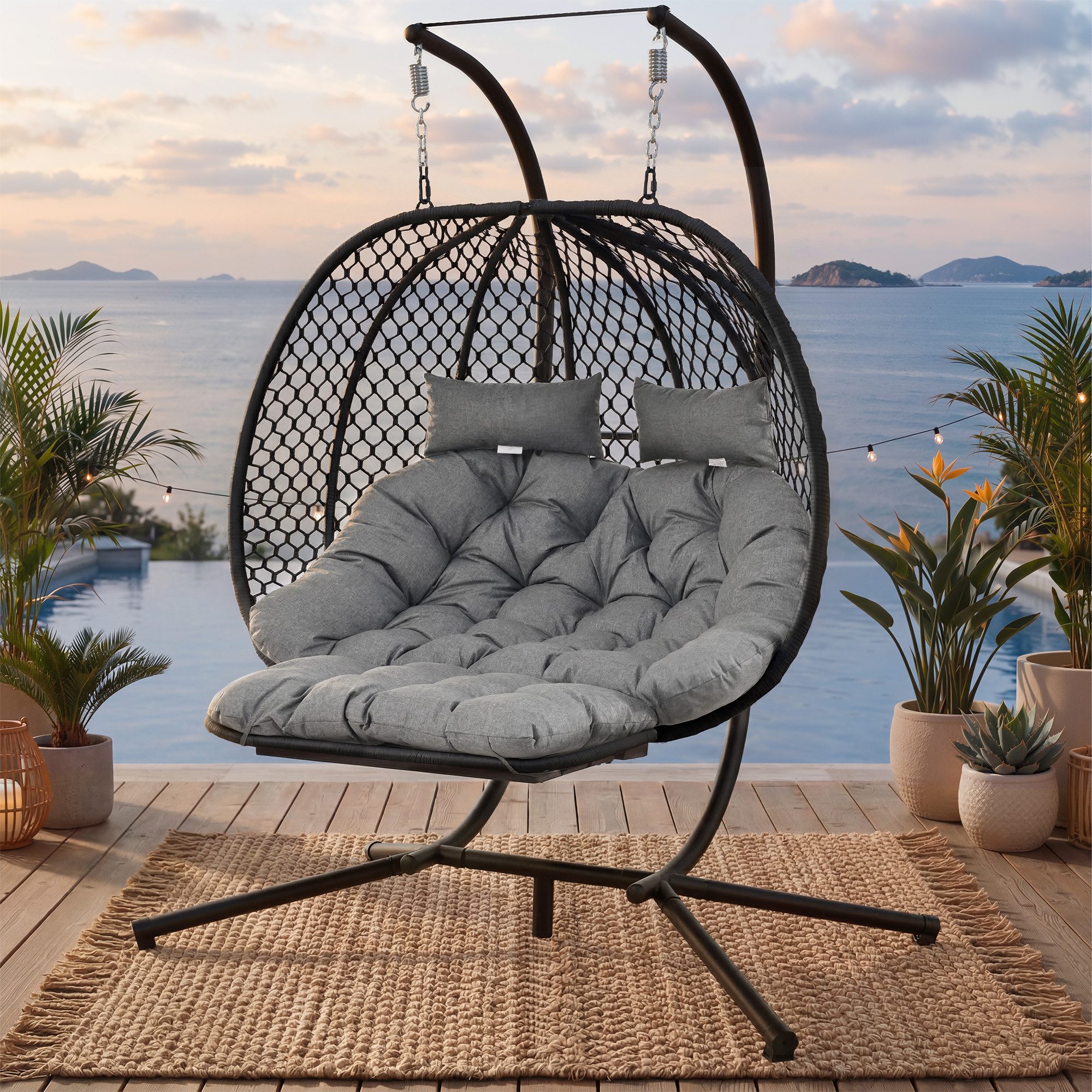Merax Hängesessel Ei-Form Doppelschaukelstuhl aus Polyesterseil und Eisenrahmen (1-St), Gartenhängesessel mit Ständer, Fußstütze, Sitzkissen & Sitzkissen