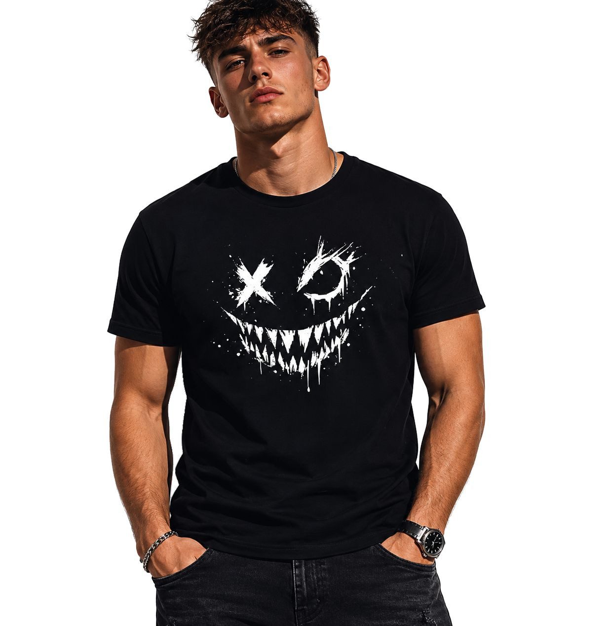 coole-fun-t-shirts Print-Shirt Herren T-Shirt Schwarz mit Horror Smiley Print GrinX Streetwear GrinX T-Shirt Horror Grinsen Schwarz Herren
