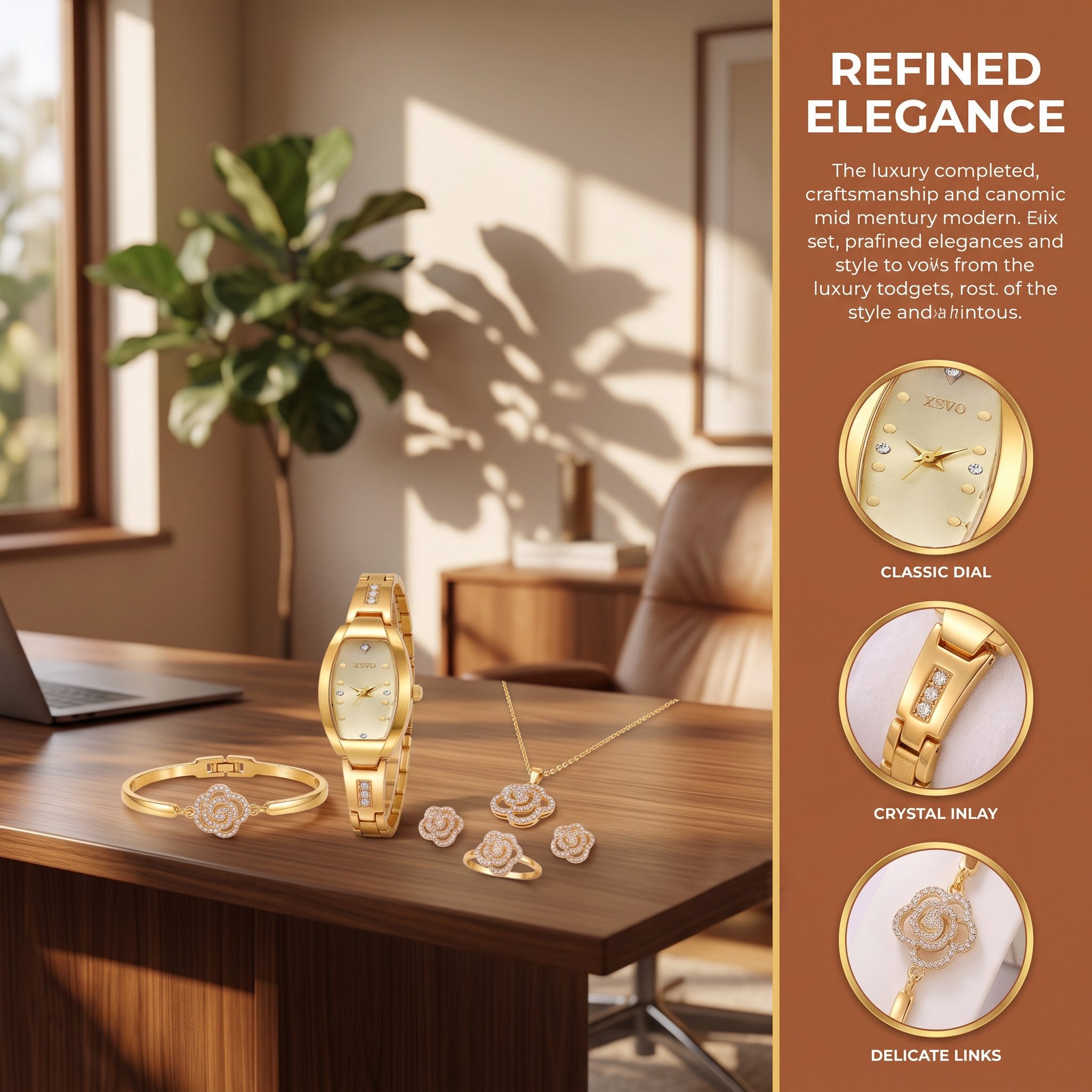 Luckice Quarzuhr Damen Uhr Schmuck Set,Geschenk für Frauen, (mit Geschenkbox & Uhrenarmband-Kürzer, goldfarbenes Damenuhr Set mit Halskette, Armband, Ring & Ohr – Bild 5 von 5