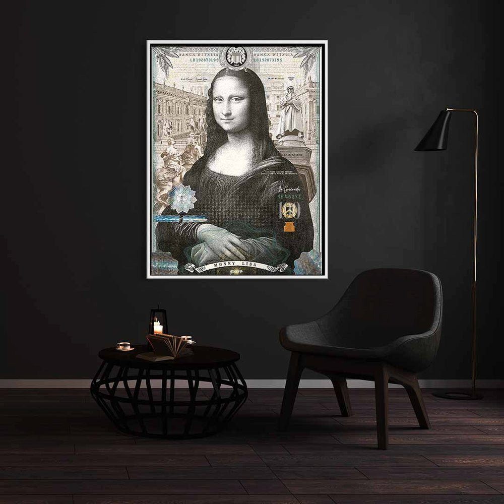 Art Leinwandbild, Pop Lisa Leinwandbild Money Mona Rahmen DOTCOMCANVAS® Lisa Porträt weißer