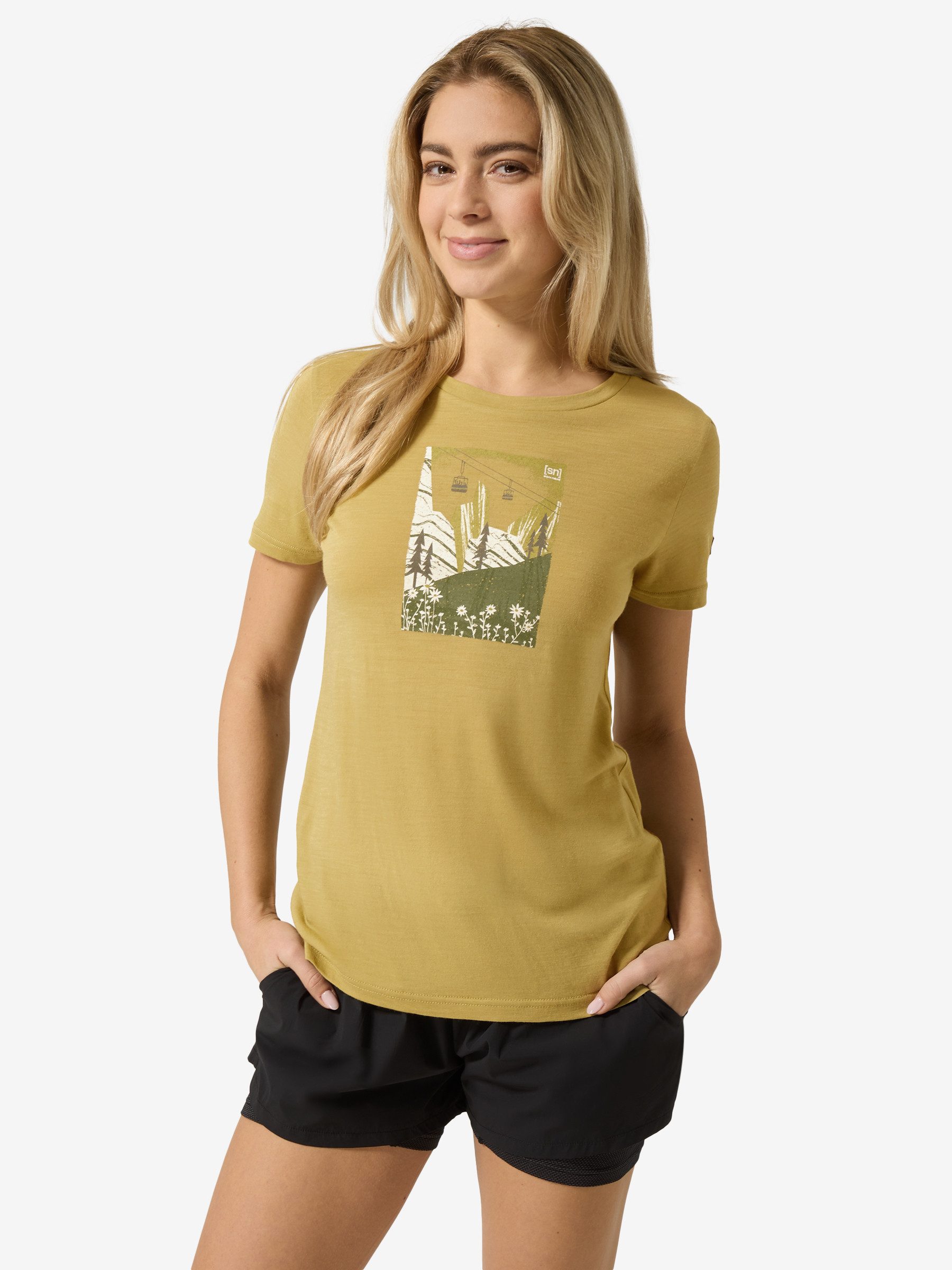 SUPER.NATURAL T-Shirt für Damen, Merino W SUMMER GONDOLA TEE mit Sommer-Motiv, atmungsaktiv
