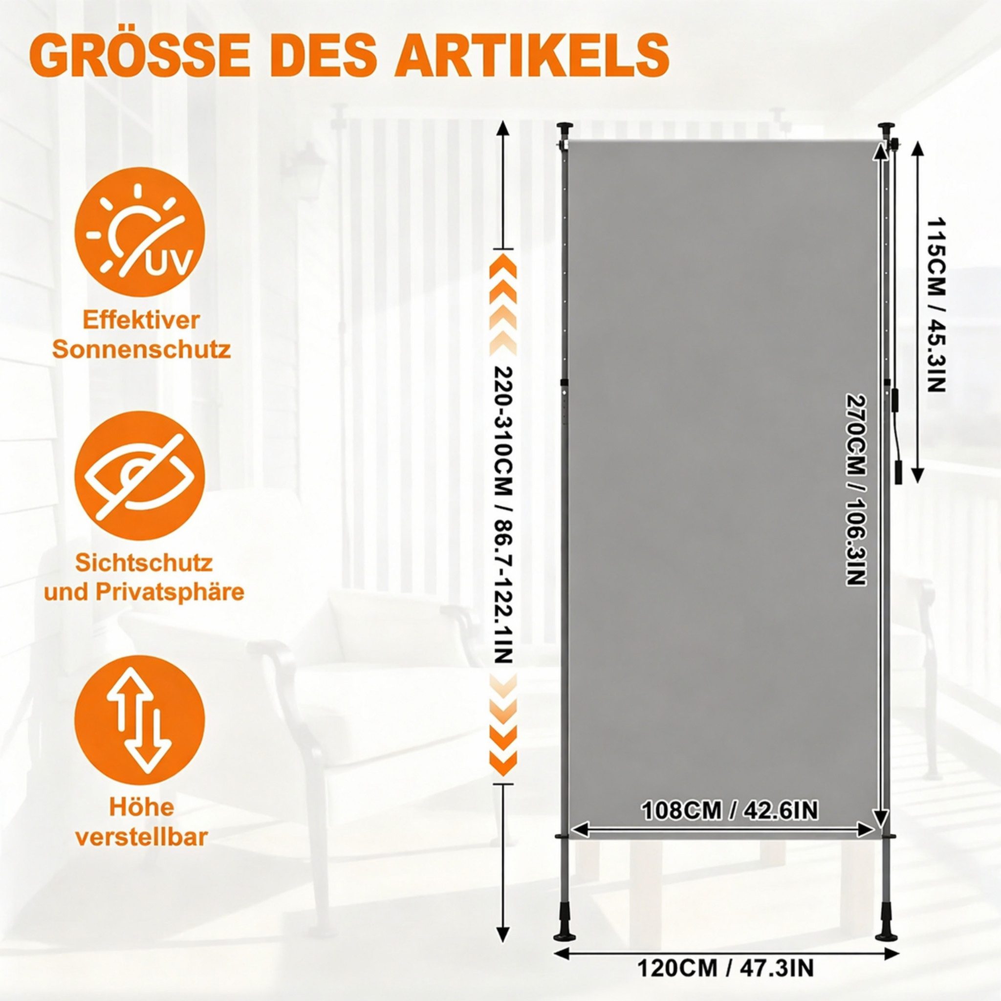 Huracan Senkrechtmarkise Klemmmarkise Ohne Bohren, (Vertikalmarkise Mit Handkurbel, Höhenverstellbarer Balkon-Sichtschutz) Wetterfester Sonnenschutz Für Terrasse Und Garten