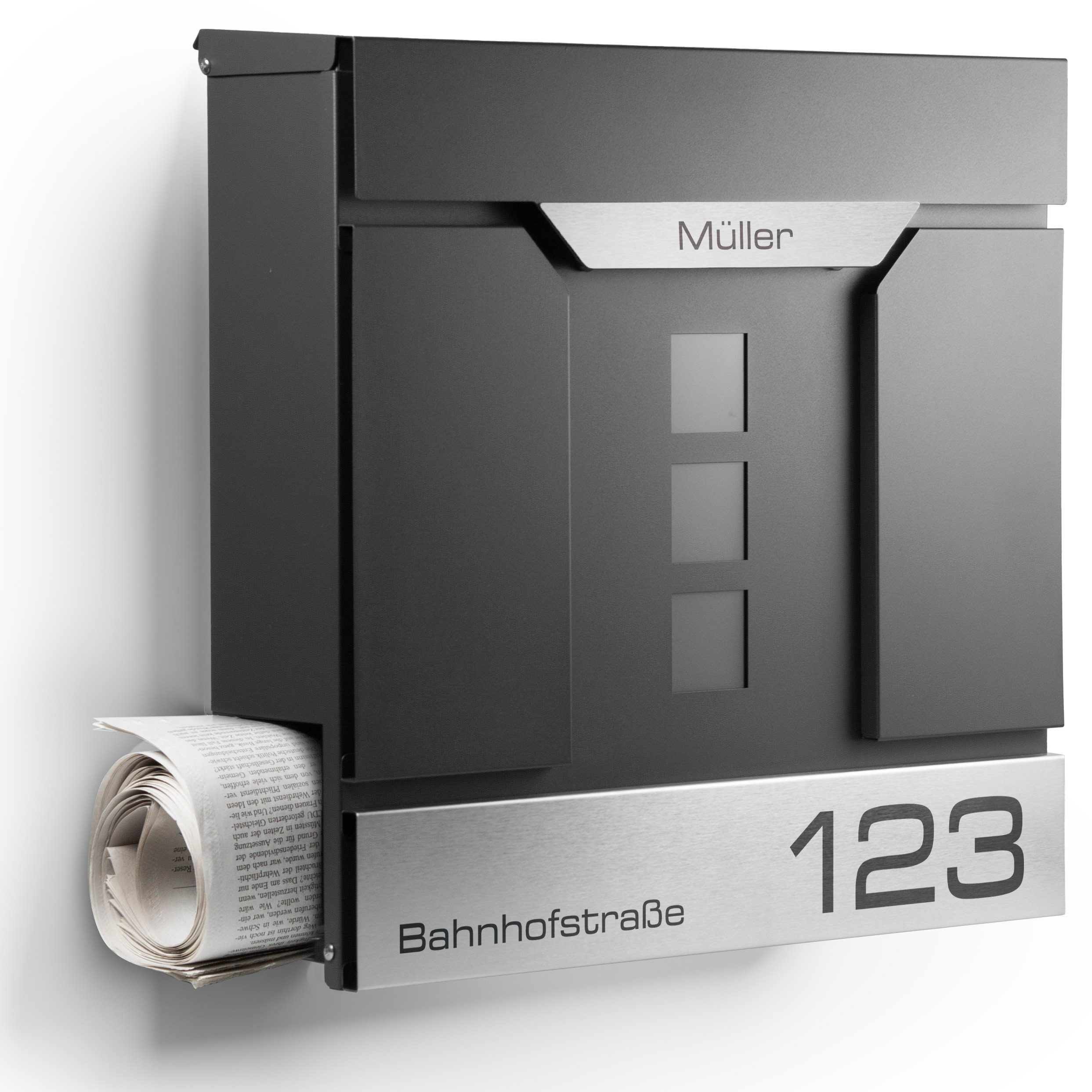 NewHabitat Briefkasten Moderner Wandbriefkasten Personalisierbar Anthrazit RAL7016 (Komplettset, Modell: Madrid), Rostfrei