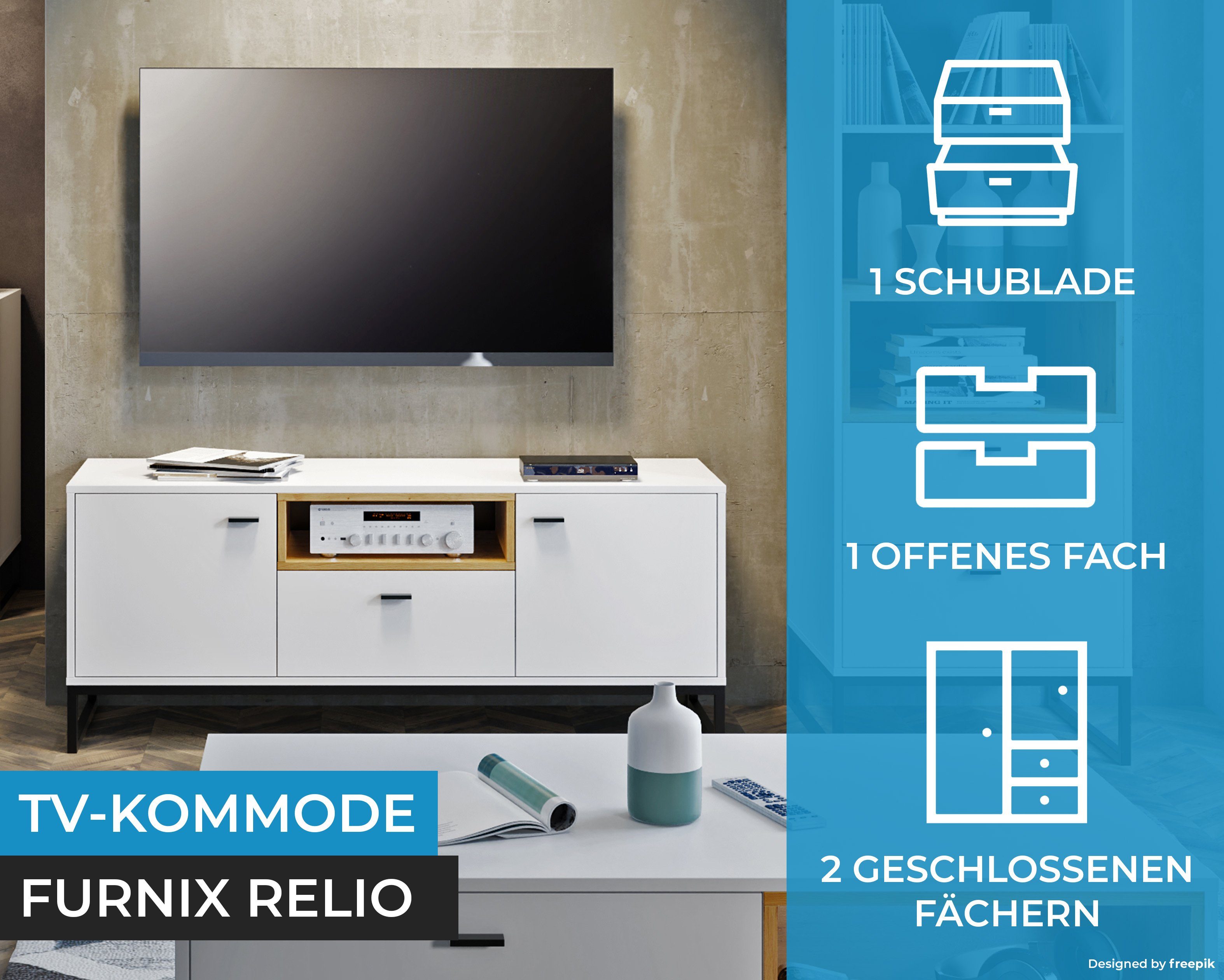 TV-Kommode RELIO TV-Board x cm Furnix mit, TV-Schrank Türen, Lowboard 2 H55 Ablage, Schublade, Weiß/Artisan B135x T40