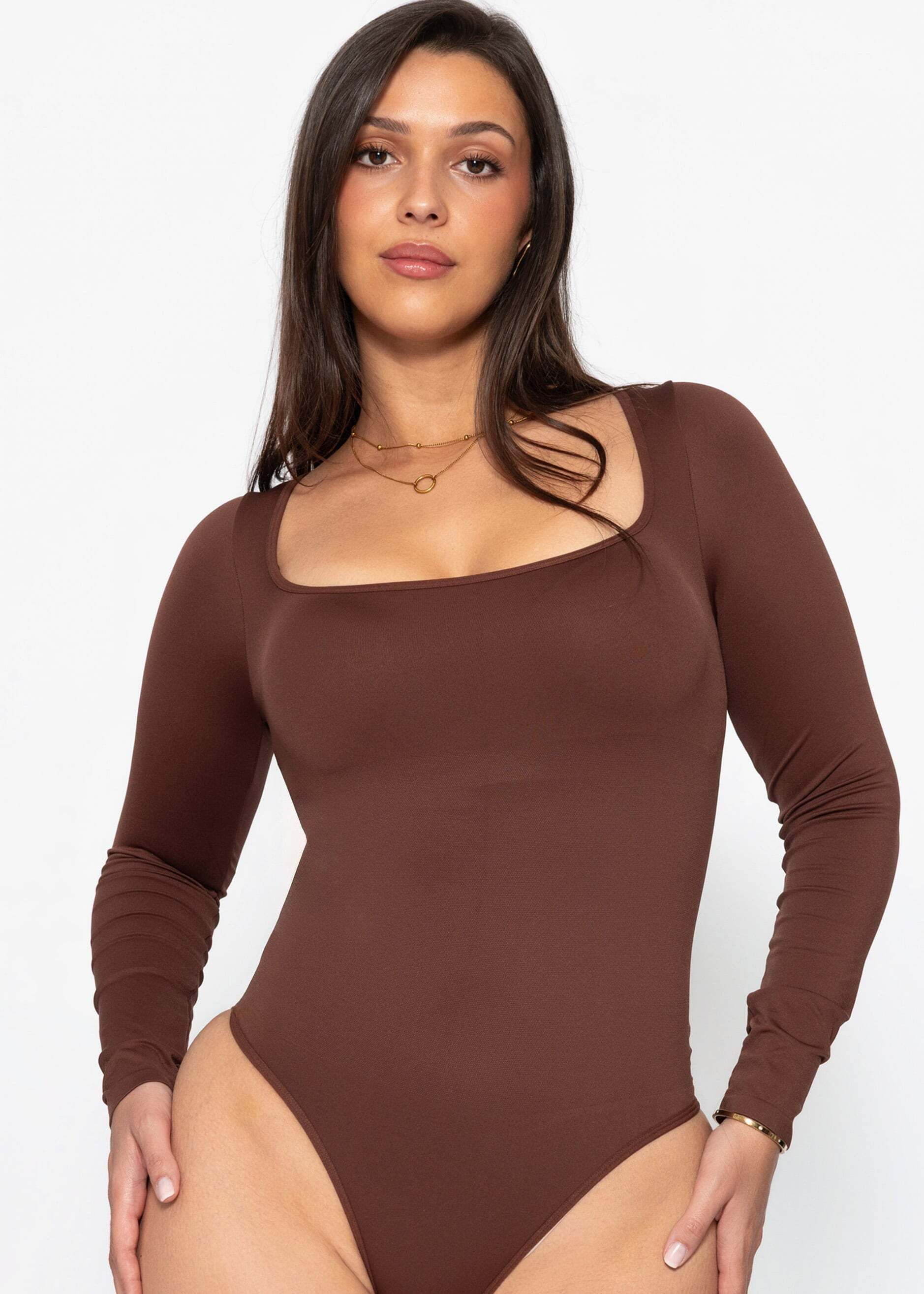 SASSYCLASSY Shaping-Body Bodysuit Sculpting Shapewear für Damen Elastischer Body mit String, langem Ärmeln und geradem Ausschnitt