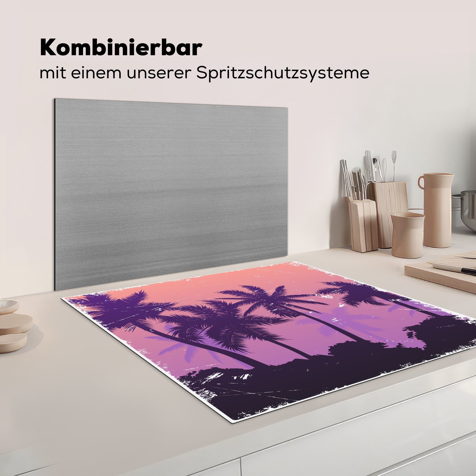 Arbeitsplatte für - MuchoWow Ceranfeldabdeckung, cm, Nacht - 78x78 Zeichnung, küche Vinyl, Herdblende-/Abdeckplatte (1 Palme tlg),