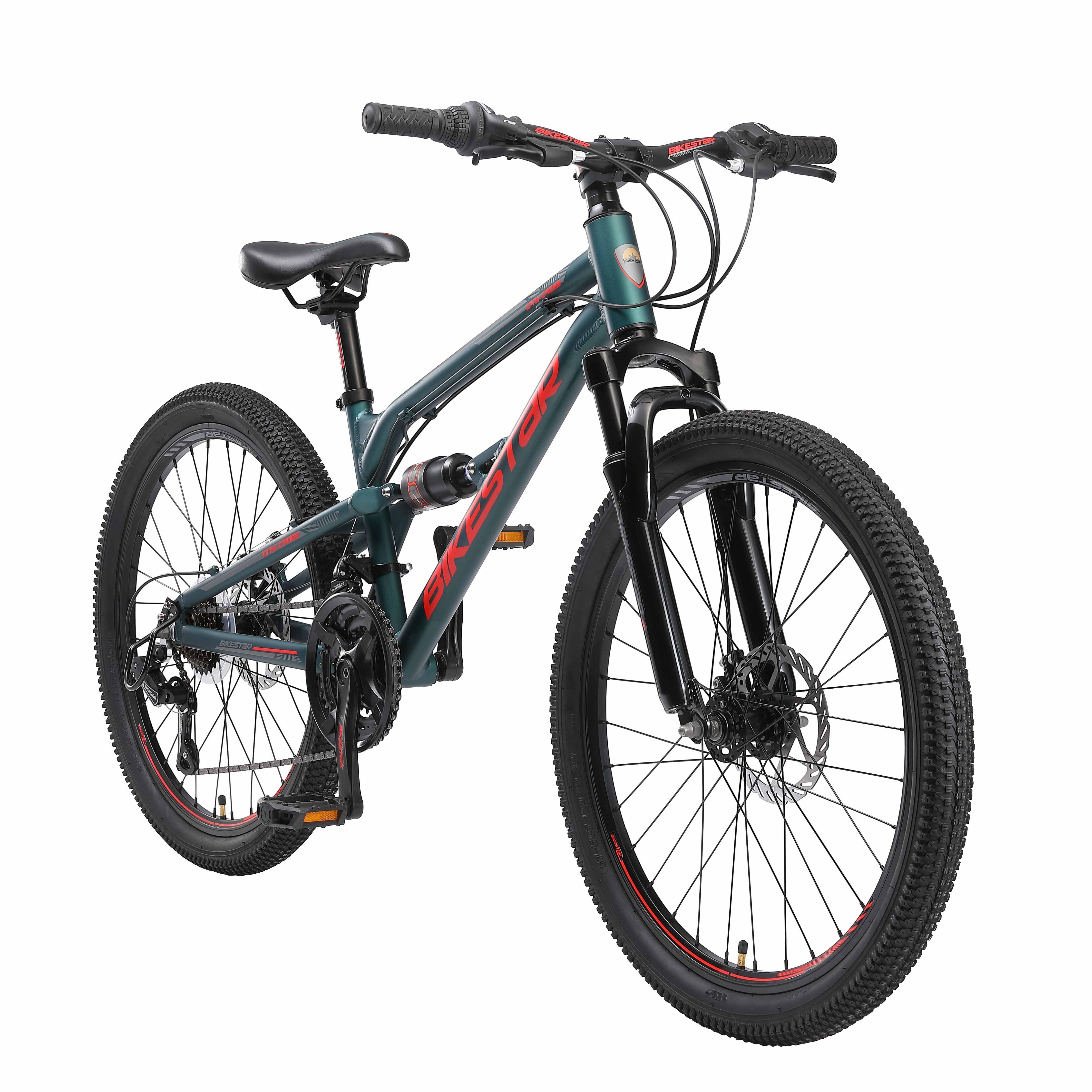 Bikestar Mountainbike 24 Zoll Aluminium Kinderfahrrad, 8 - 13 Jahre, Mädchen, Jungen, 21 Gang Shimano Tourney RD-TY300 Schaltwerk, Kettenschaltung, Scheibenbremsen, Rahmen 33 cm, Vollgefedert