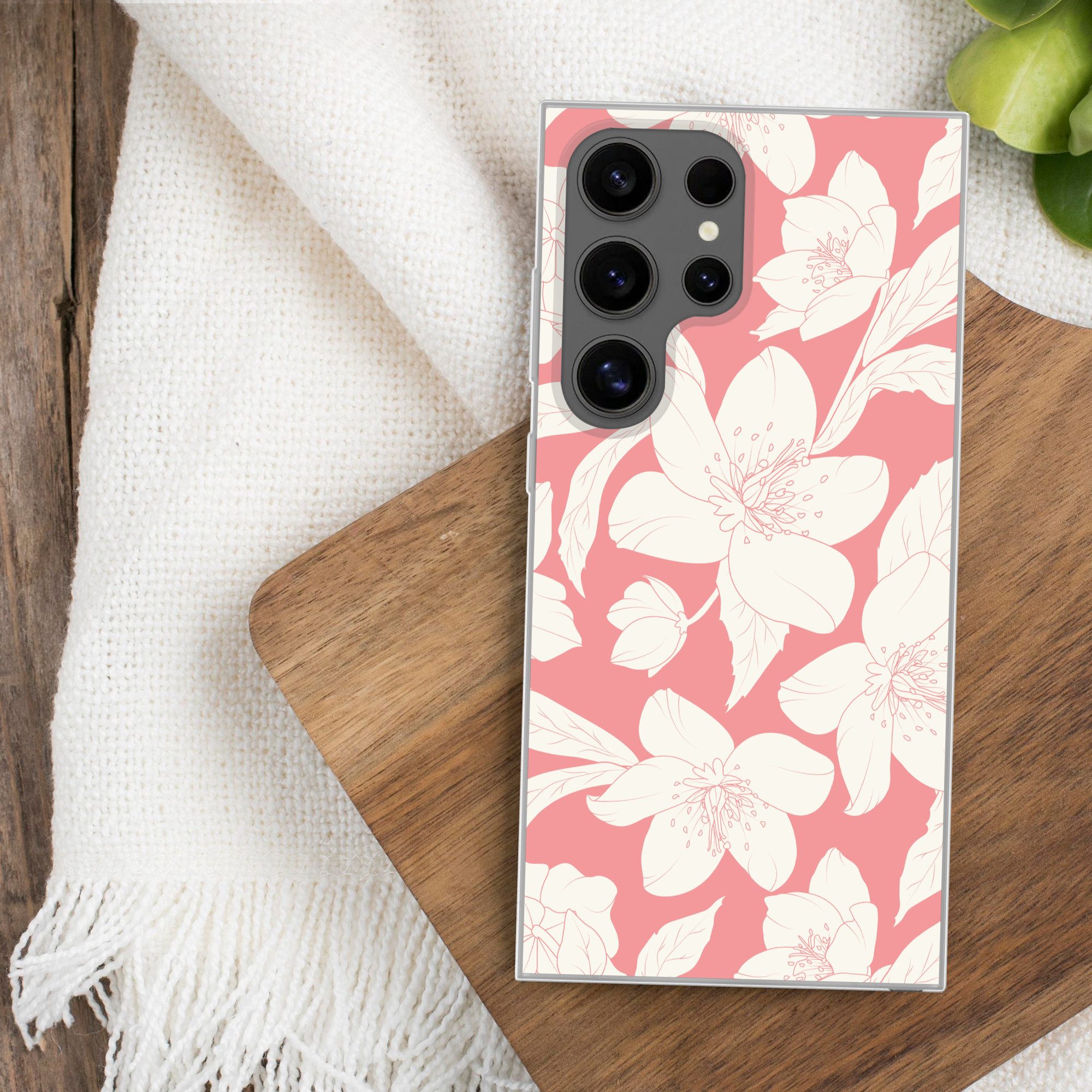 MuchoWow Handyhülle für Samsung Galaxy S24 Ultra Blumen - Muster - Rosa - Weiß, Phone Case, Silikon, Schutzhülle Dünn