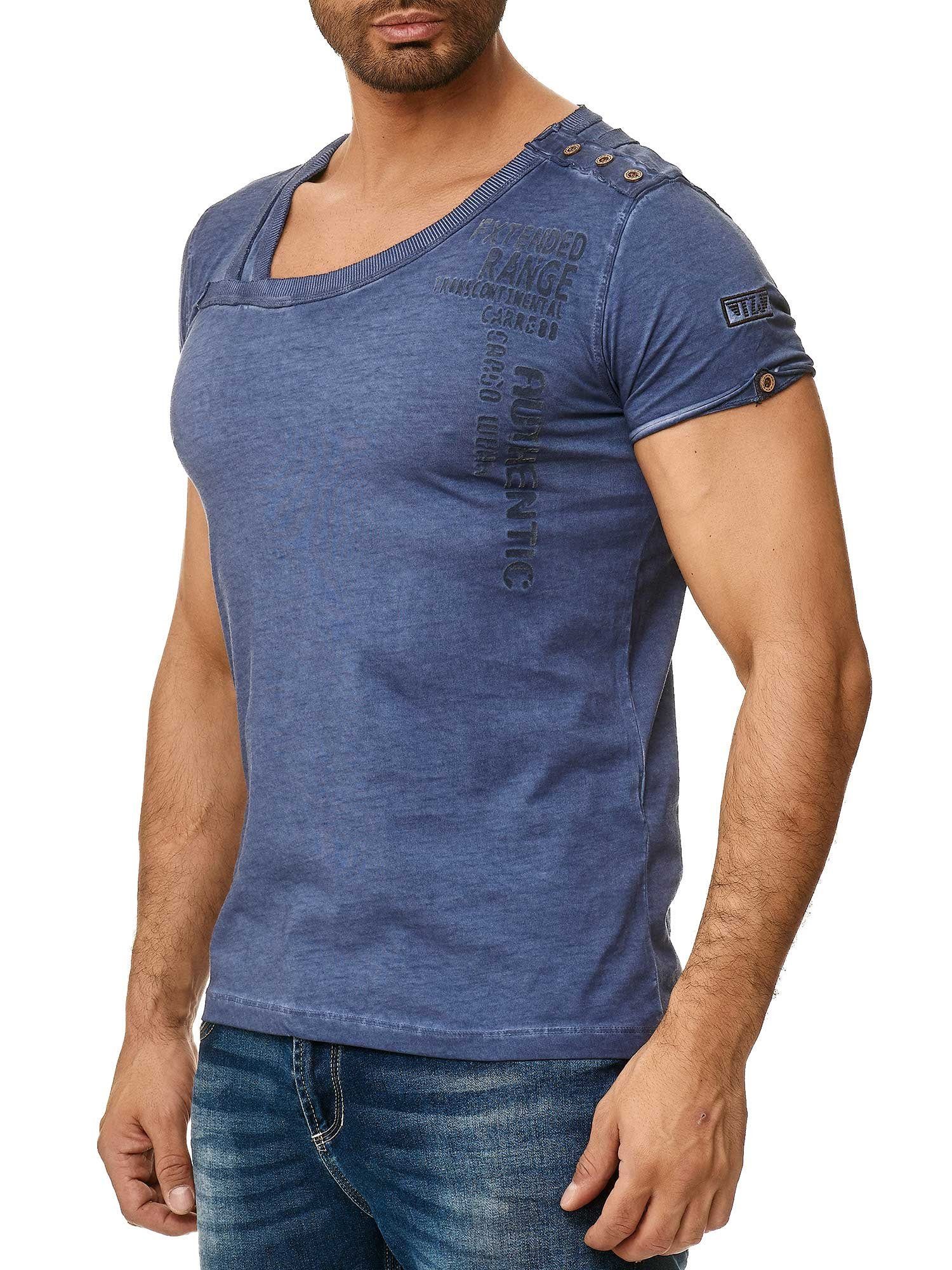 Tazzio T-Shirt 4022 in Ölwaschung Knopfleiste und der an trendiger stylischem Schulter mit navy Kragen