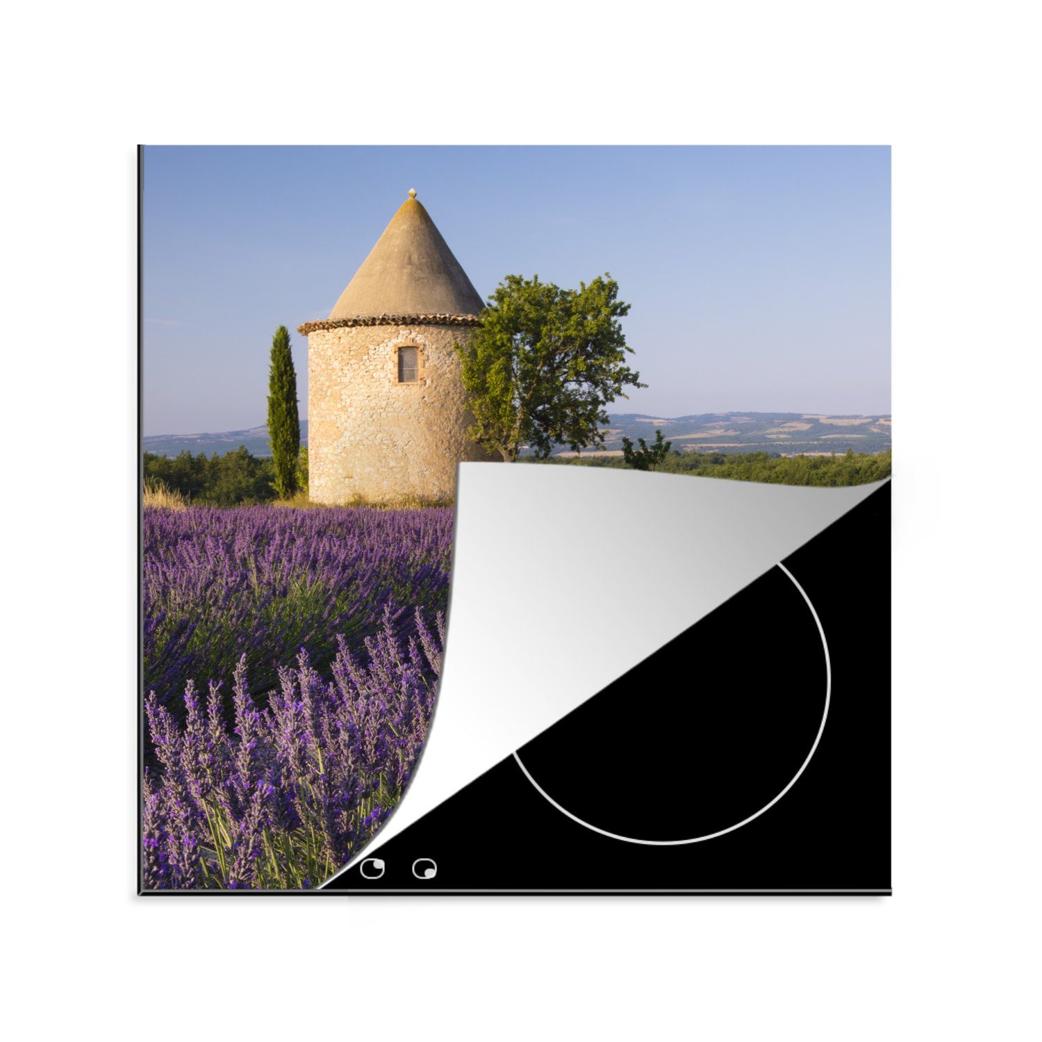 Vinyl, cm, 78x78 Arbeitsplatte Lavendelfeld Turm einem auf für (1 MuchoWow küche Frankreich, in Runder tlg), Herdblende-/Abdeckplatte Ceranfeldabdeckung,