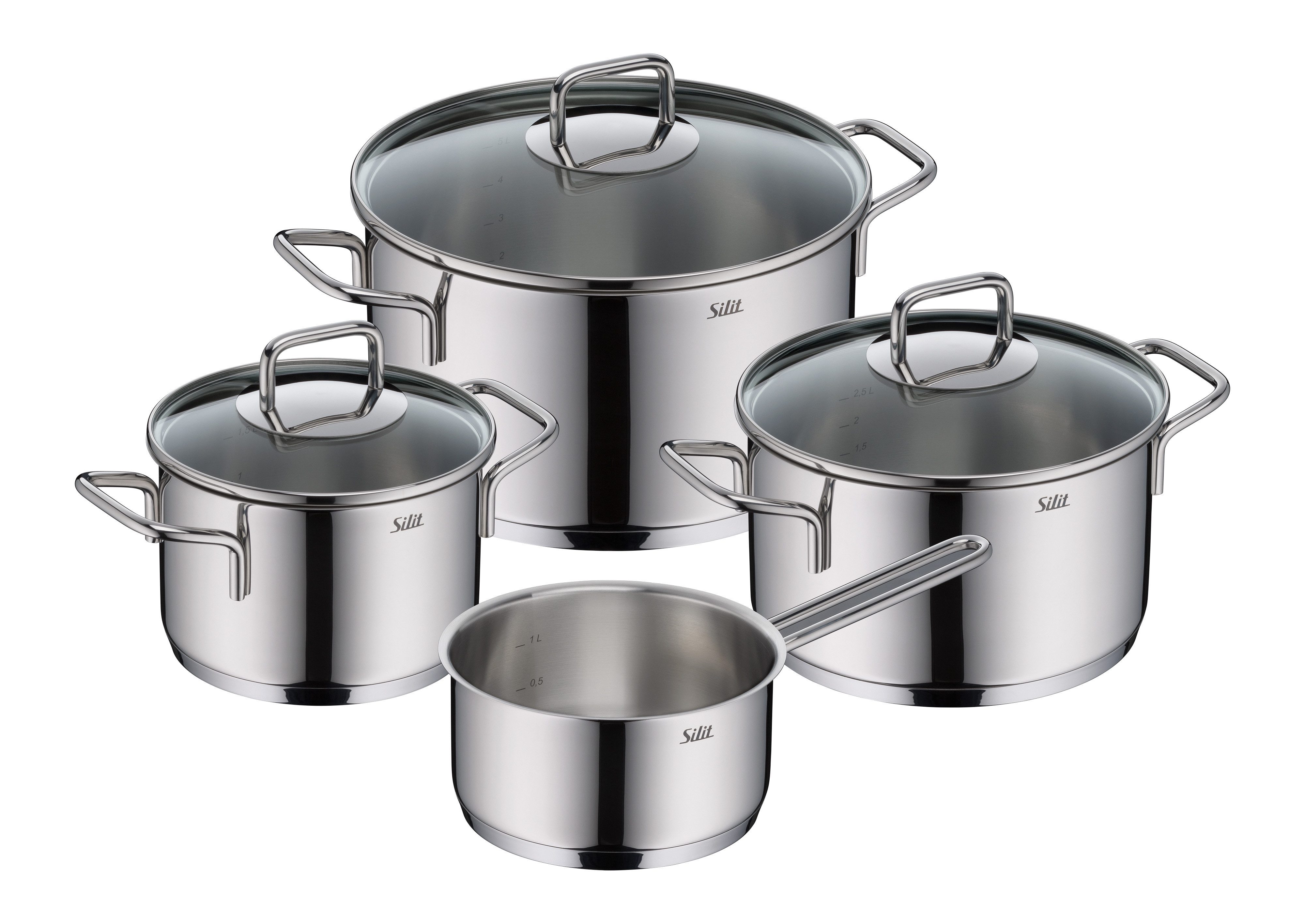 Silit Topf-Set Extra Cook Induktion, Kochgeschirr-Set mit Glasdeckel, Innenskalierung, Edelstahl 18/10 (Set, 7-tlg., 3x Kochtöpfe 16/20/24 cm mit Deckel, 1x Stielkasserolle 16 cm), SiliTherm Universalboden, breiter Schüttrand, spülmaschinengeeignet