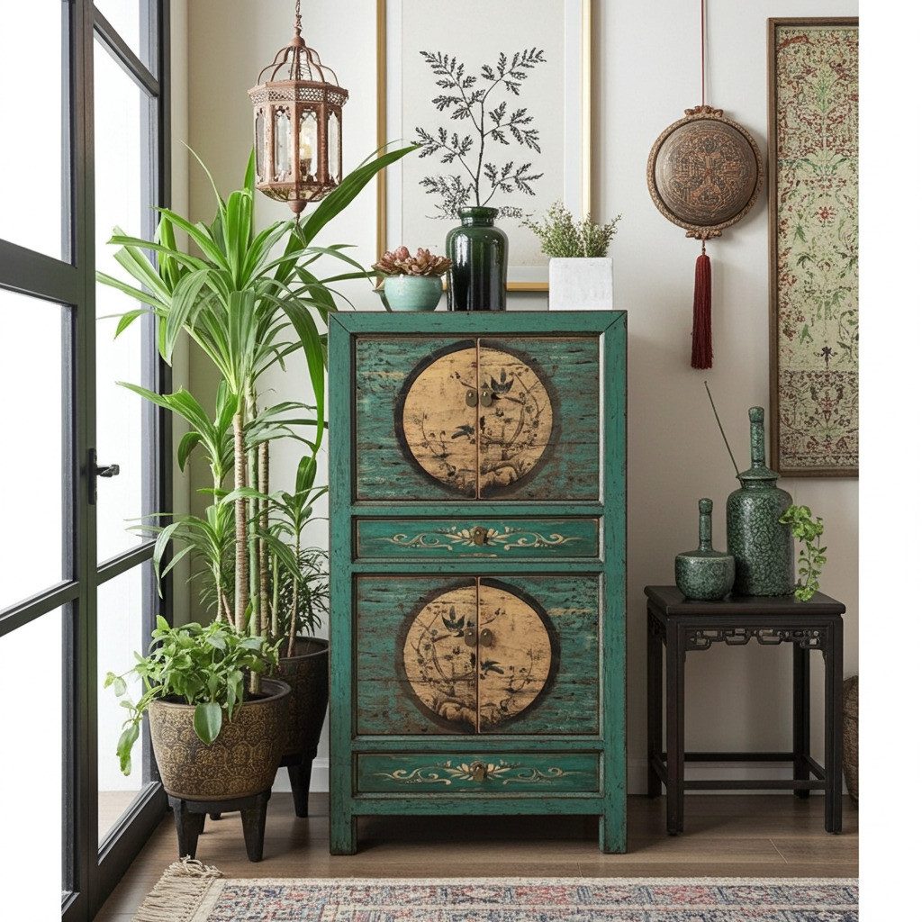 OPIUM OUTLET Kleiderschrank Möbel Asia Vintage Schrank chinesisch (Wohnzimmer Schlafzimmer Landhaus Antik-Stil, asiatisch chinesisch orientalisch) Hochzeitsschrank Hoch-Kommode komplett montiert
