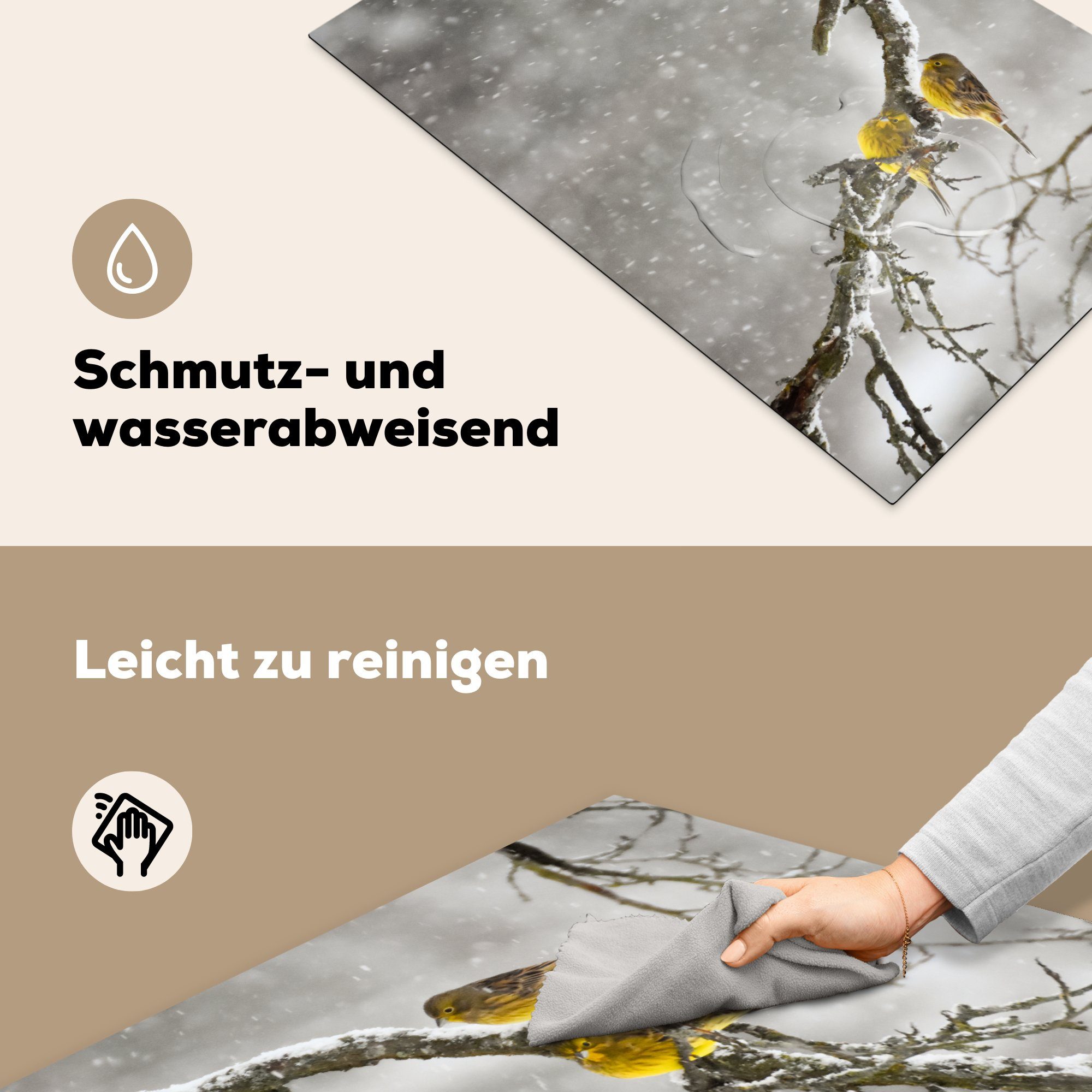 MuchoWow Herdblende-/Abdeckplatte Goldammer - tlg), Ceranfeldabdeckung die Schnee - cm, 81x52 (1 Schutz küche, Induktionskochfeld Vinyl, für Vogel