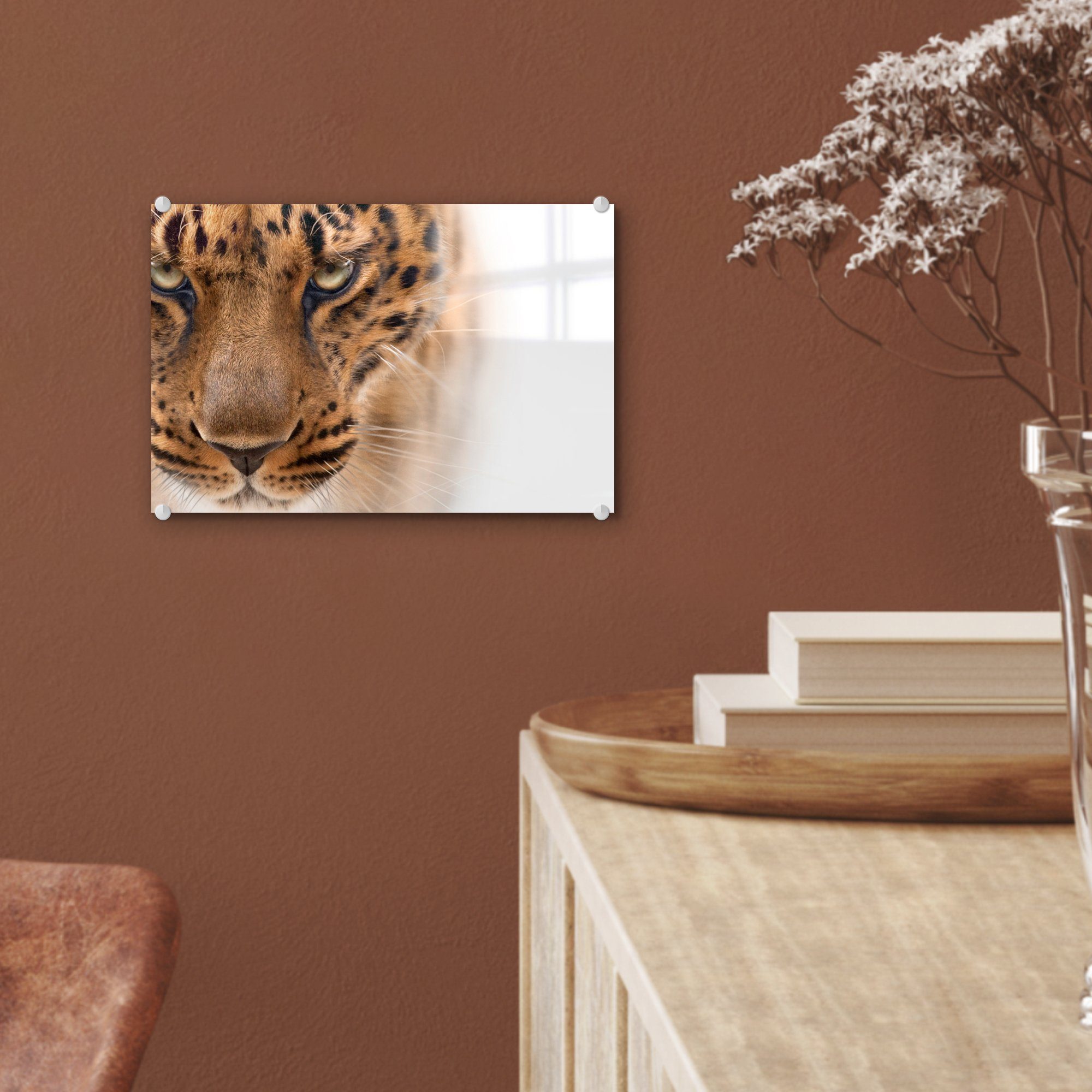 St), - Pelz auf Bilder MuchoWow Weiß, Glas (1 - auf Glasbilder - Wandbild Wanddekoration - Foto Acrylglasbild Leopard Glas -