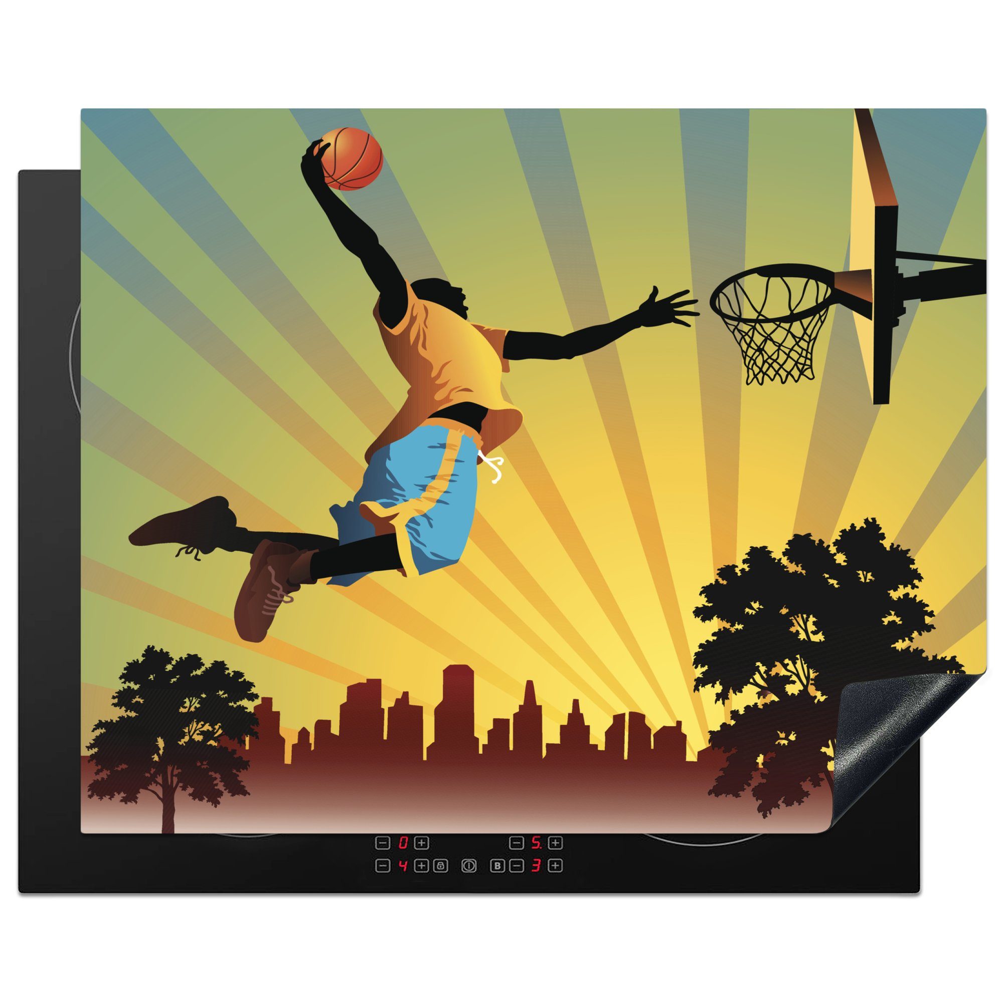 MuchoWow Herdblende-/Abdeckplatte Ein stilvoller Basketballspieler wirft in einer Illustration, Vinyl, (1 tlg), 65x52 cm, Mobile Arbeitsfläche nutzbar, Ceranfeldabdeckung