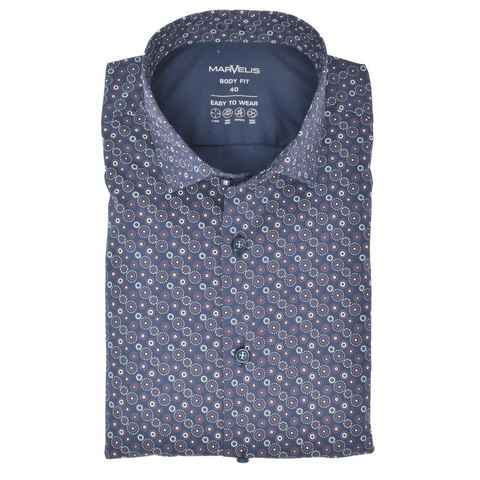 MARVELIS Businesshemd Easy To Wear Hemd - Body Fit - Langarm - Muster - Dunkelblau/Bordeaux 4-Wege-Stretch