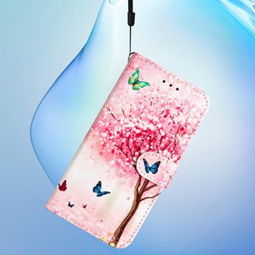 CLM-Tech Handytasche Hülle für Xiaomi 12 Pro 5G Tasche aus Kunstleder Klapphülle (Rosa Baum und Schmetterlinge, Handyhülle Wallet Flip Case Cover Etui), Standfunktion, Kartenfächer, Magnetverschluss