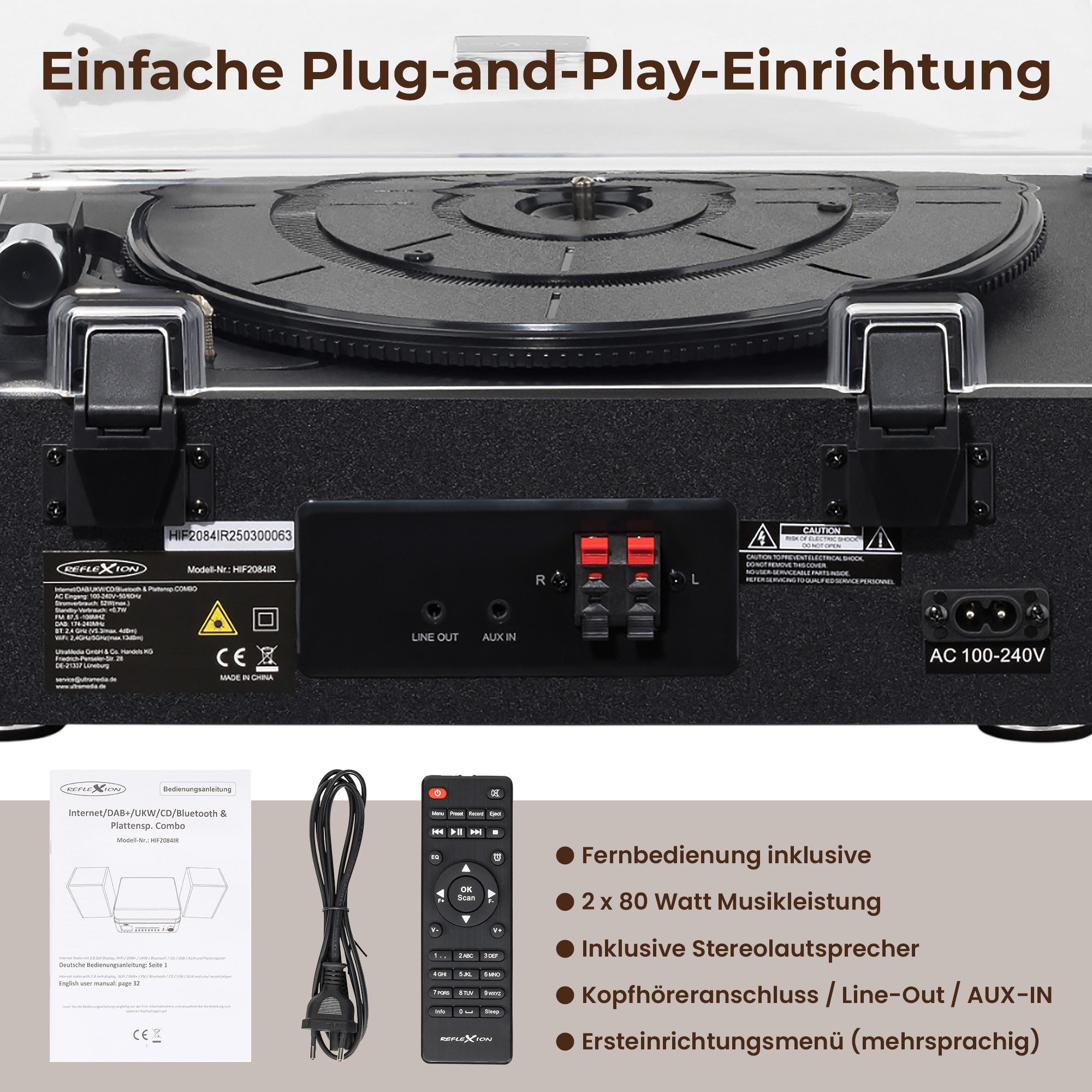 Reflexion HIF2084IR Plattenspieler (Bluetooth, WiFi, DAB+, Internetradio, Bluetooth, CD, Farbdisplay)