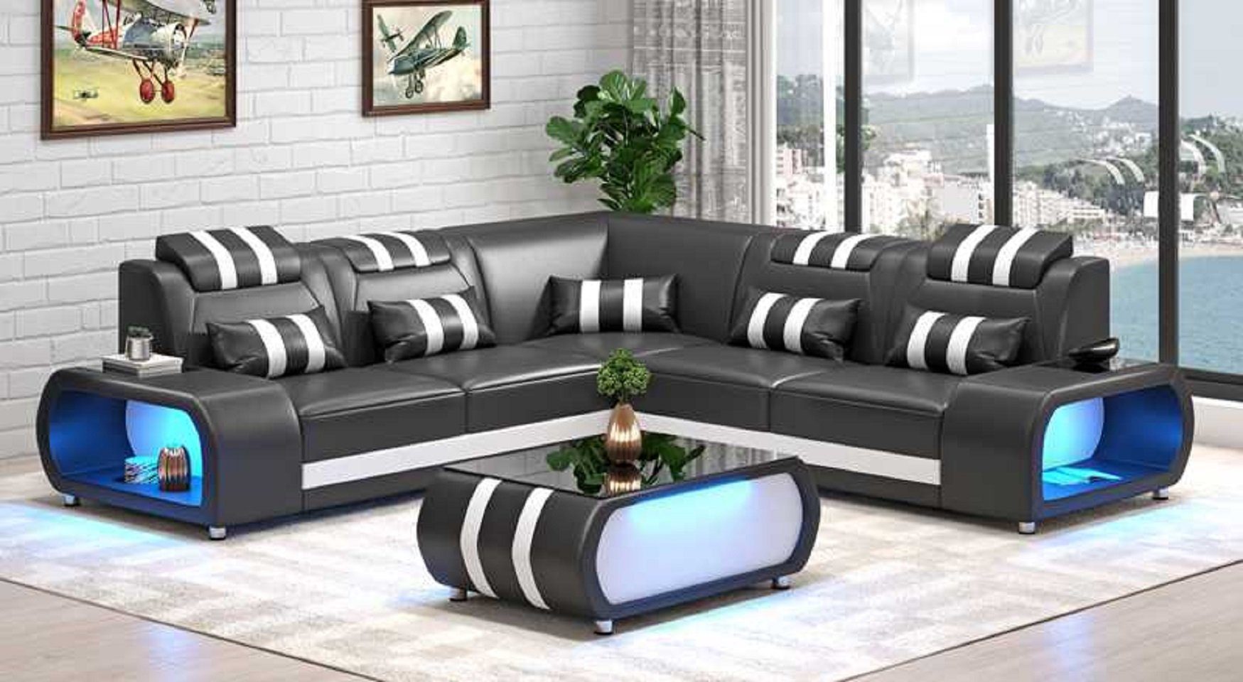 JVmoebel Ecksofa Luxus Ecksofa L Form Couch Sofa Moderne Eckgarnitur LED, 3 Teile, Made in Europe Schwarz