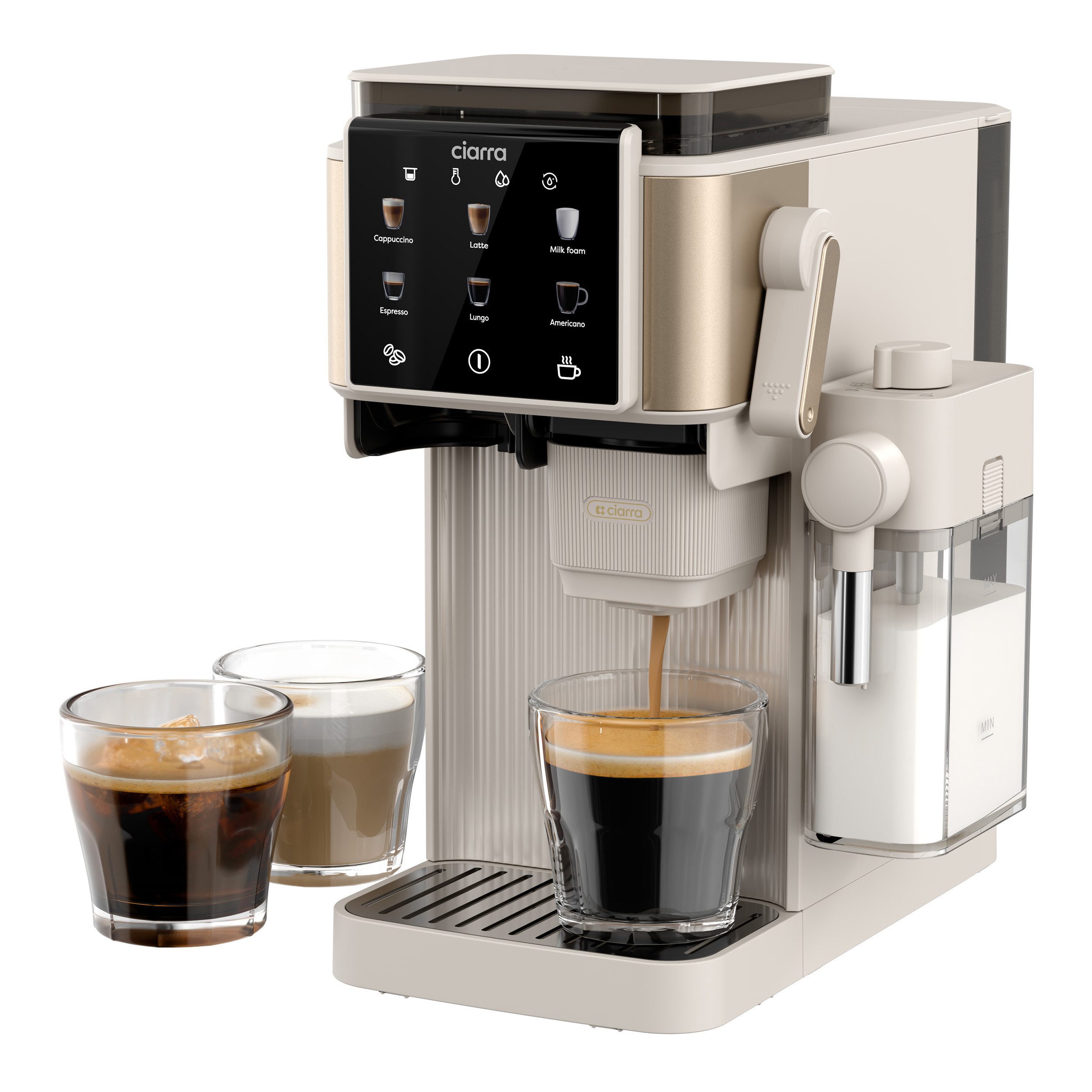 CIARRA Siebträgermaschine Espresso Kaffeemaschine mit Mahlwerk, ohne Siebträger, automatisches Tampern, Milchaufschäumer 15 Bar CBSACM-D6, 6 Mahlstufen, Bohnenbehälter 80g Milchbehälter 300ml, Latte Cappuccino