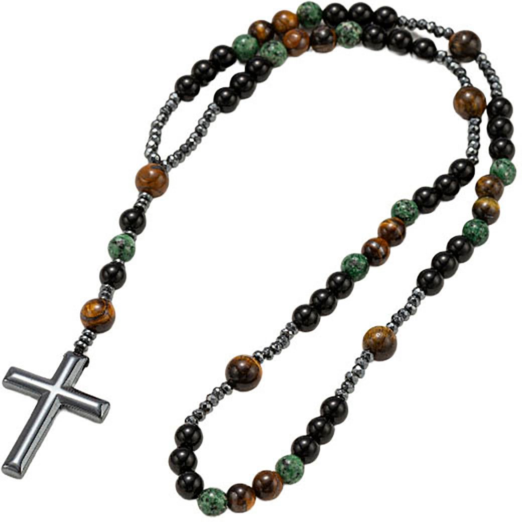 Firetti Kette mit Anhänger Schmuck Geschenk Edelstahl Halsschmuck Halskette Edelstein Kreuz, Made in Germany - Glasstein, Hämatit, Tigerauge, Türkis (behandelt)
