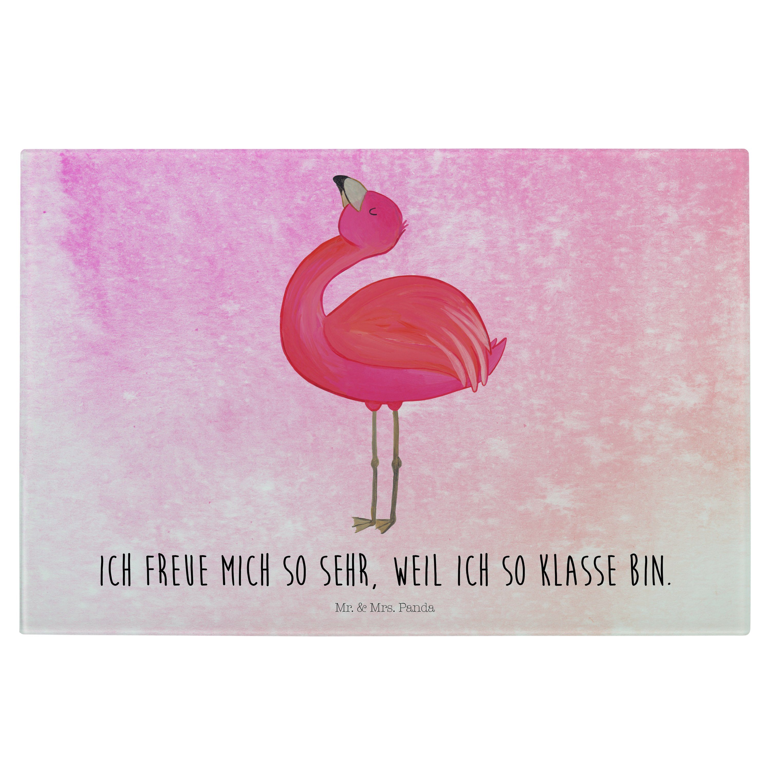 Mr. & Mrs. Panda Servierbrett Flamingo stolz - Aquarell Pink - Geschenk, Selbstliebe, Selbstakzepta, Premium Glas, (1-St)