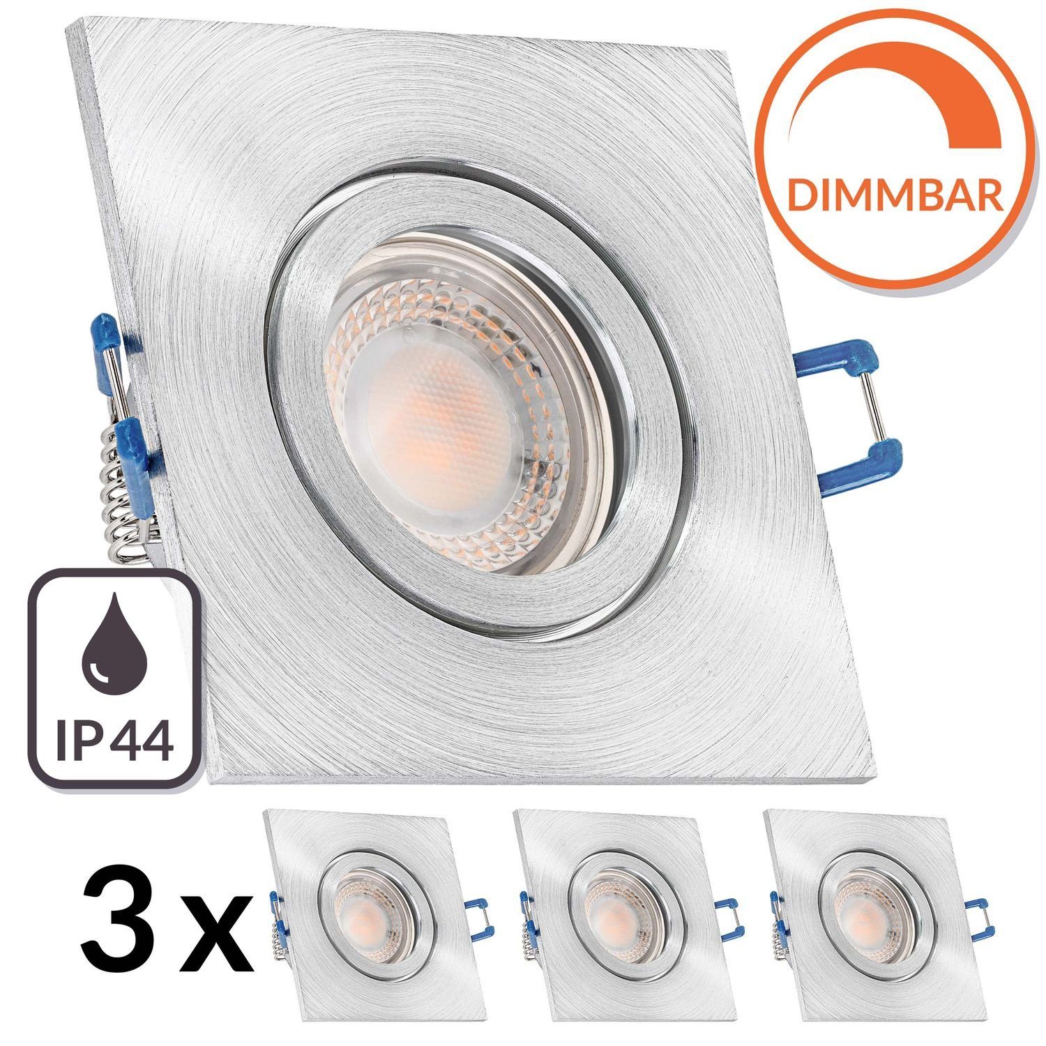 LEDANDO LED Einbaustrahler 3er IP44 LED Einbaustrahler Set extra flach in aluminium matt mit 5W L