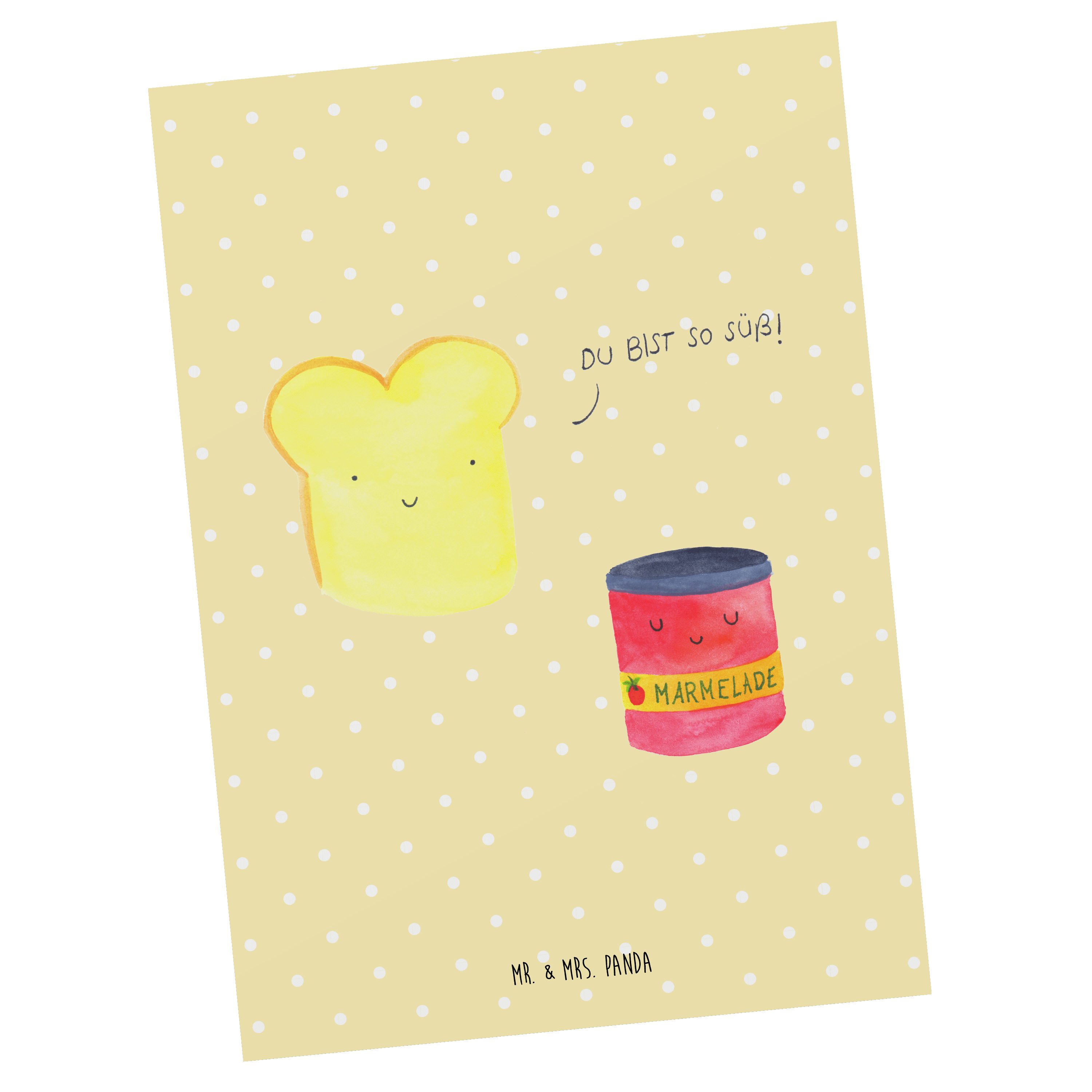 Mr. & Mrs. Panda Postkarte Toast & Marmelade - Gelb Pastell - Geschenk, Geburtstagskarte, Grußka
